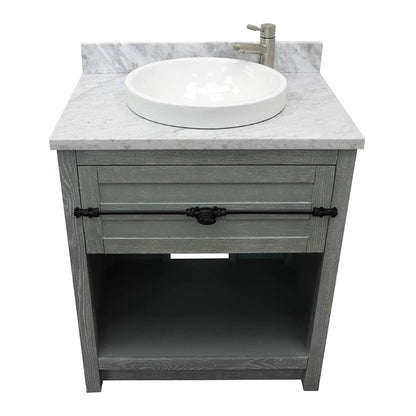 Bellaterra Home Plantation 31" 1-Drawer Gray Ash Freestanding Vanity Set With Ceramic Vessel Sink and White Carrara Marble Top