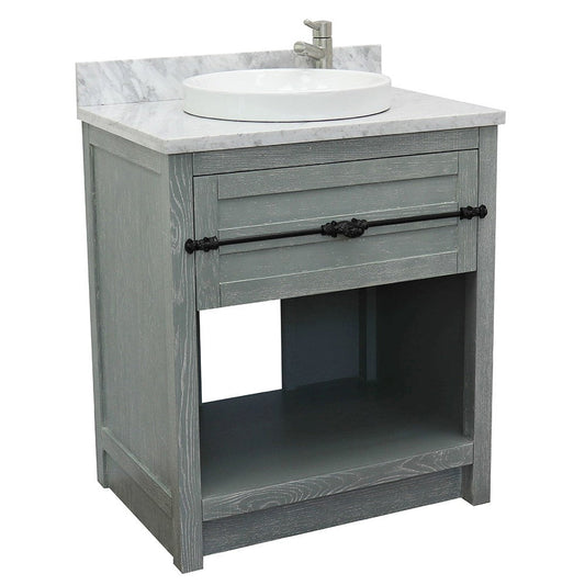 Bellaterra Home Plantation 31" 1-Drawer Gray Ash Freestanding Vanity Set With Ceramic Vessel Sink and White Carrara Marble Top