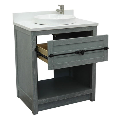 Bellaterra Home Plantation 31" 1-Drawer Gray Ash Freestanding Vanity Set With Ceramic Vessel Sink and White Quartz Top