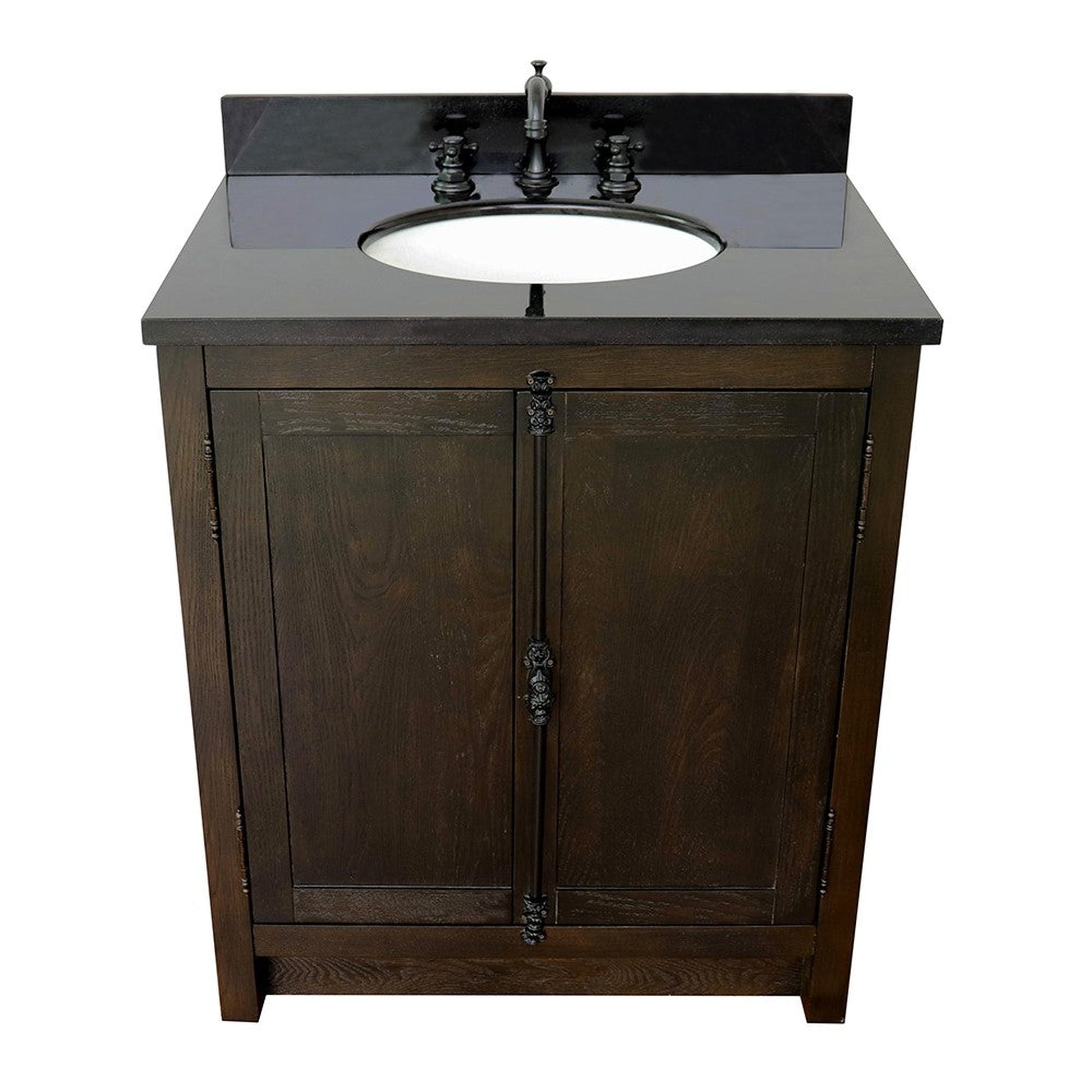 Bellaterra Home Plantation 31" 2-Door Brown Ash Freestanding Vanity Set With Ceramic Undermount Oval Sink and Black Galaxy Top