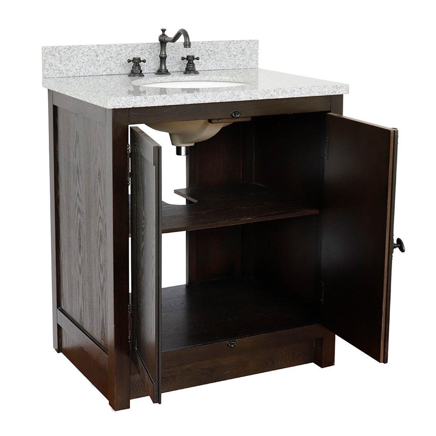 Bellaterra Home Plantation 31" 2-Door Brown Ash Freestanding Vanity Set With Ceramic Undermount Oval Sink and Gray Granite Top