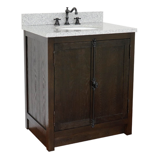 Bellaterra Home Plantation 31" 2-Door Brown Ash Freestanding Vanity Set With Ceramic Undermount Oval Sink and Gray Granite Top