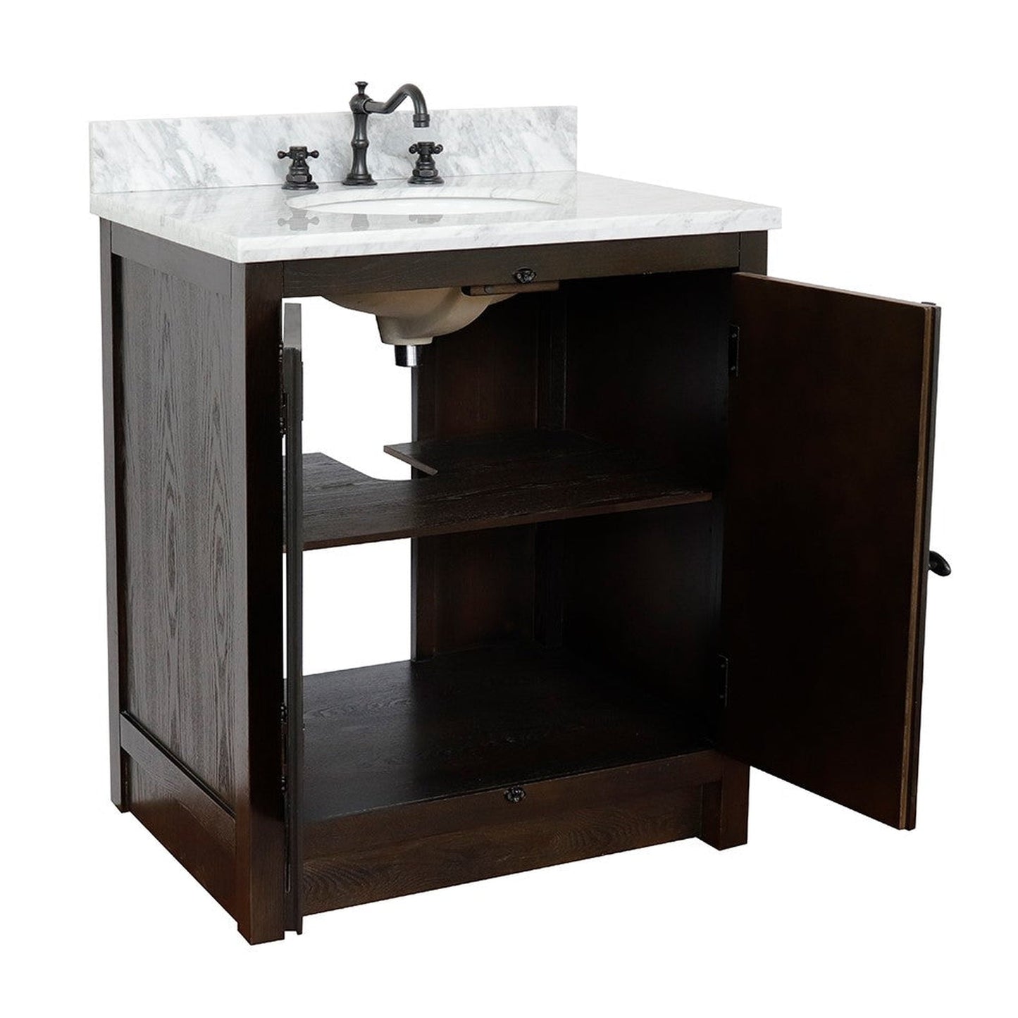 Bellaterra Home Plantation 31" 2-Door Brown Ash Freestanding Vanity Set With Ceramic Undermount Oval Sink and White Carrara Marble Top