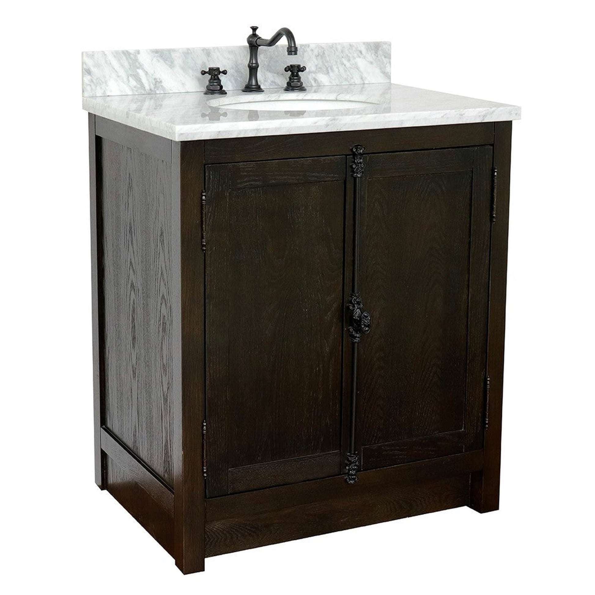 Bellaterra Home Plantation 31" 2-Door Brown Ash Freestanding Vanity Set With Ceramic Undermount Oval Sink and White Carrara Marble Top