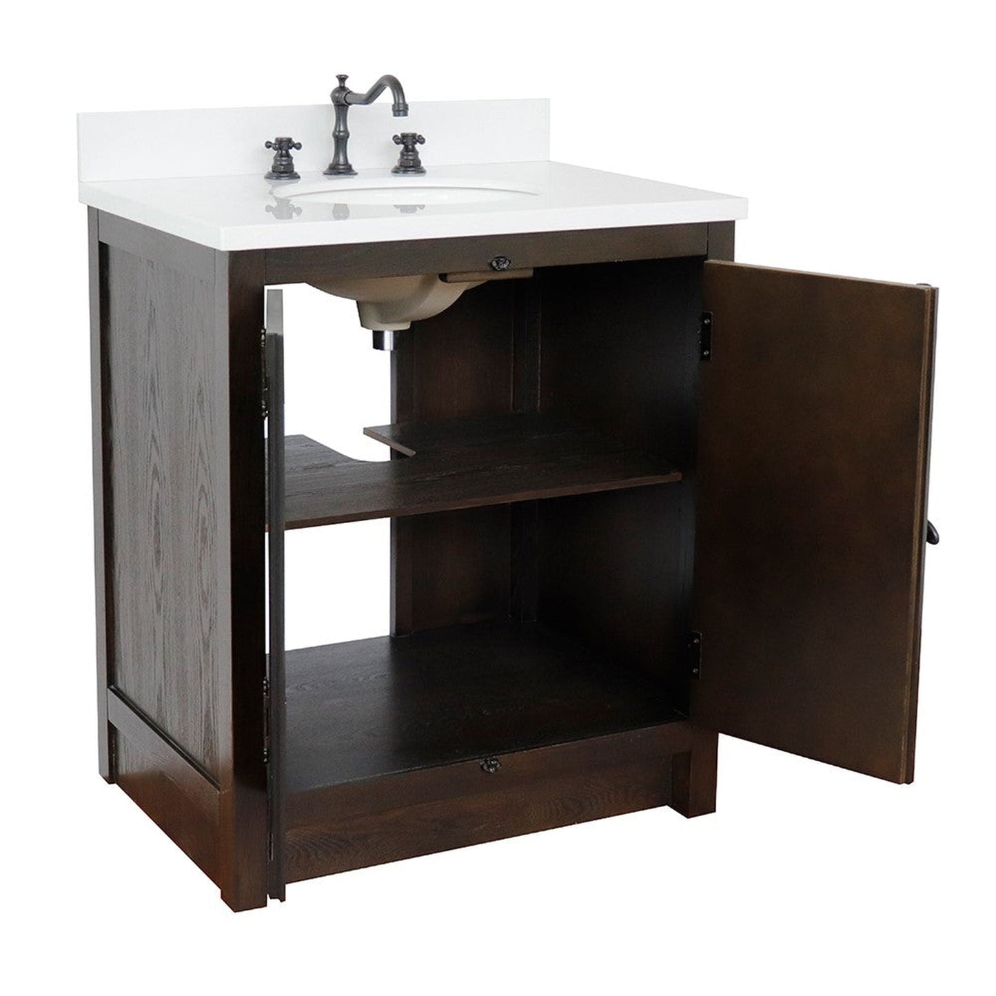 Bellaterra Home Plantation 31" 2-Door Brown Ash Freestanding Vanity Set With Ceramic Undermount Oval Sink and White Quartz Top