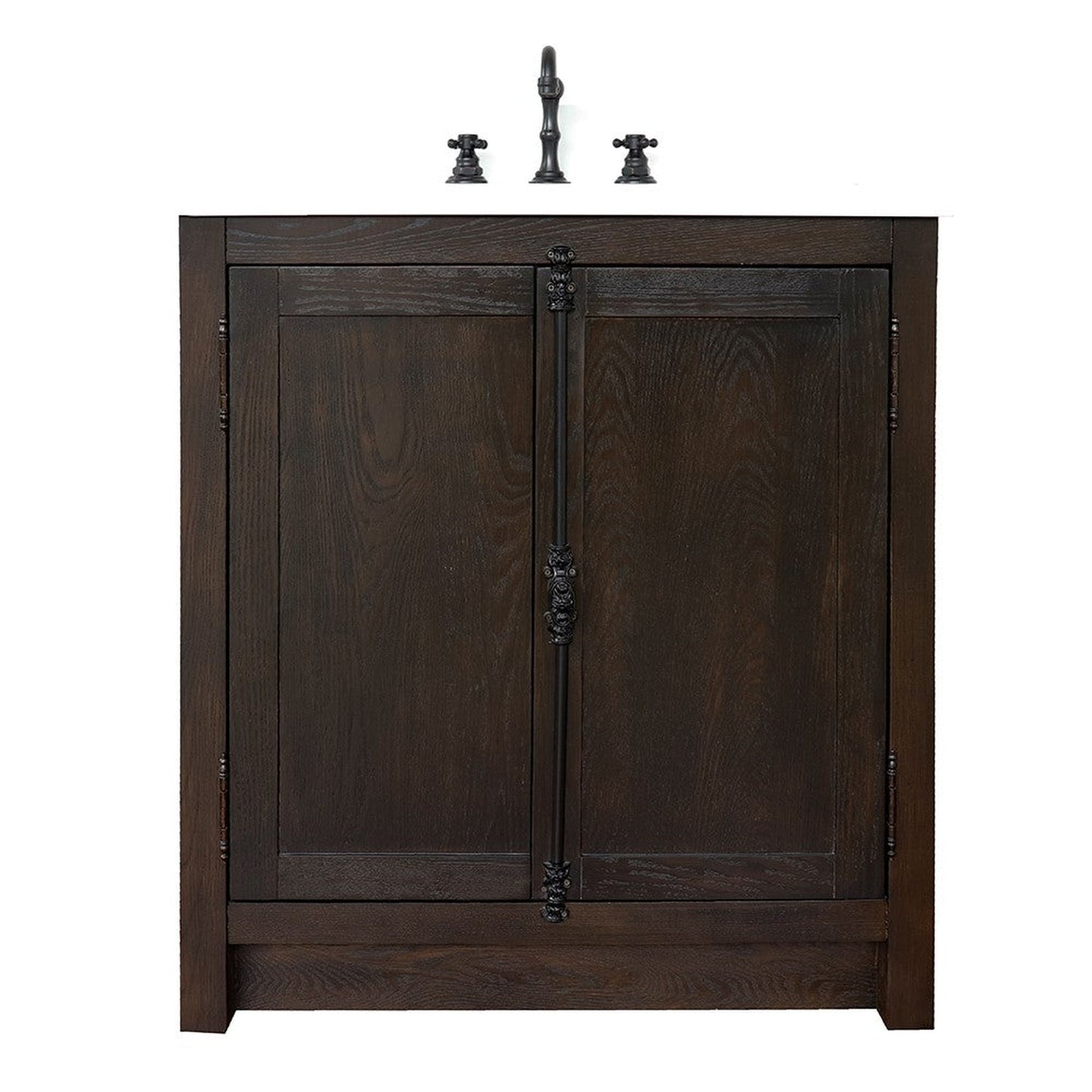 Bellaterra Home Plantation 31" 2-Door Brown Ash Freestanding Vanity Set With Ceramic Undermount Oval Sink and White Quartz Top