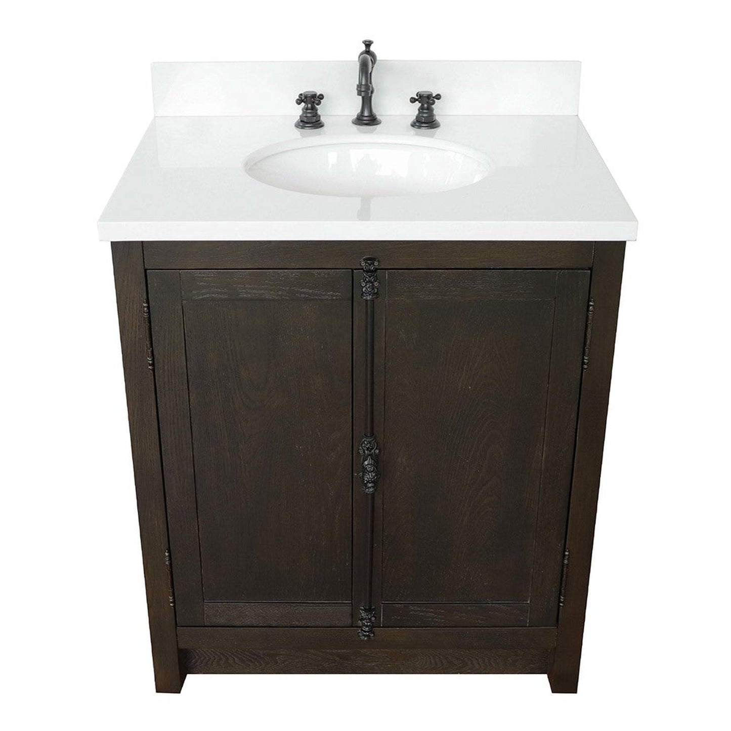 Bellaterra Home Plantation 31" 2-Door Brown Ash Freestanding Vanity Set With Ceramic Undermount Oval Sink and White Quartz Top