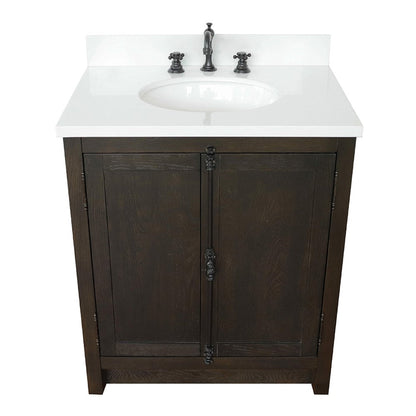 Bellaterra Home Plantation 31" 2-Door Brown Ash Freestanding Vanity Set With Ceramic Undermount Oval Sink and White Quartz Top