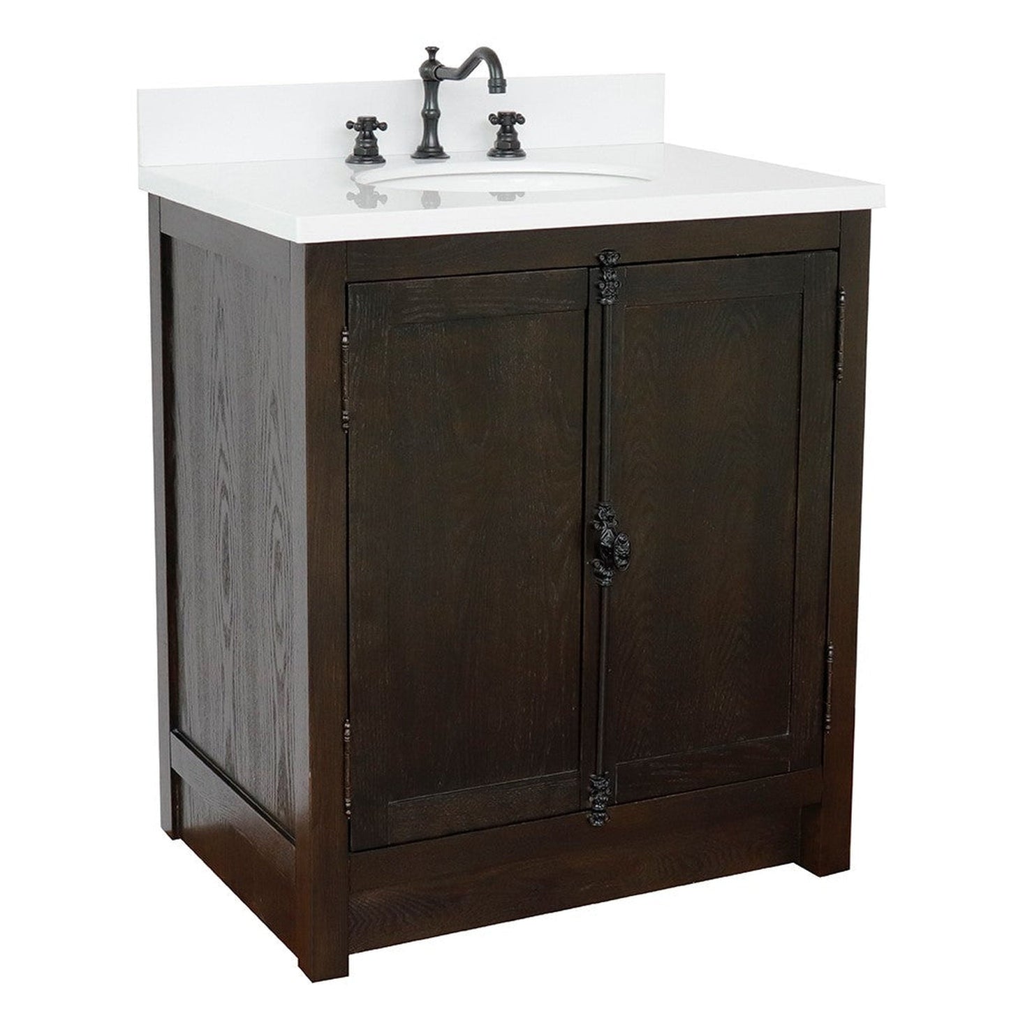 Bellaterra Home Plantation 31" 2-Door Brown Ash Freestanding Vanity Set With Ceramic Undermount Oval Sink and White Quartz Top