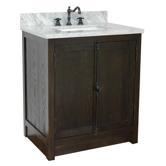 Bellaterra Home Plantation 31" 2-Door Brown Ash Freestanding Vanity Set With Ceramic Undermount Rectangular Sink and White Carrara Marble Top