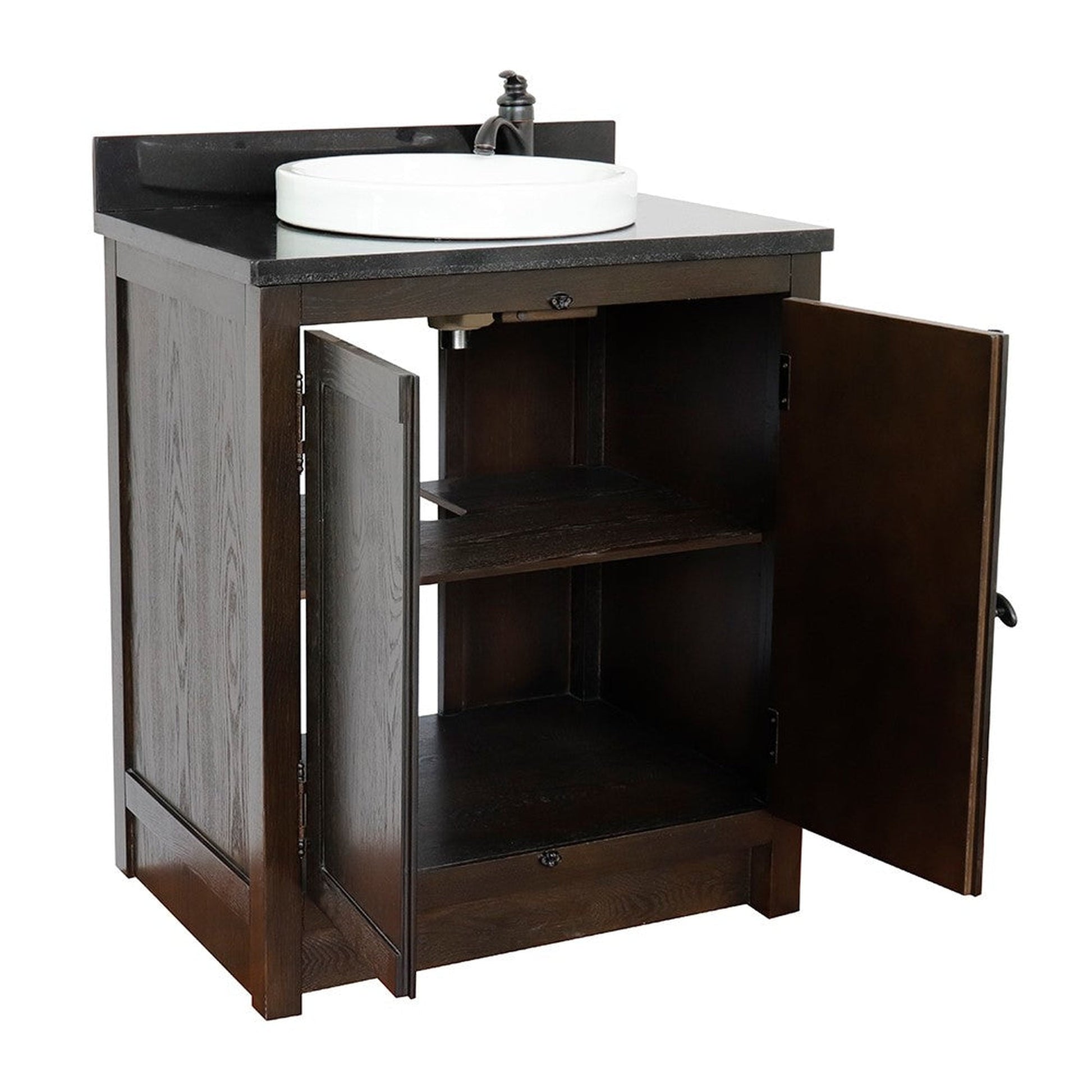 Bellaterra Home Plantation 31" 2-Door Brown Ash Freestanding Vanity Set With Ceramic Vessel Sink and Black Galaxy Top