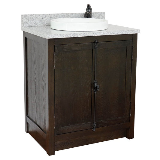 Bellaterra Home Plantation 31" 2-Door Brown Ash Freestanding Vanity Set With Ceramic Vessel Sink and Gray Granite Top