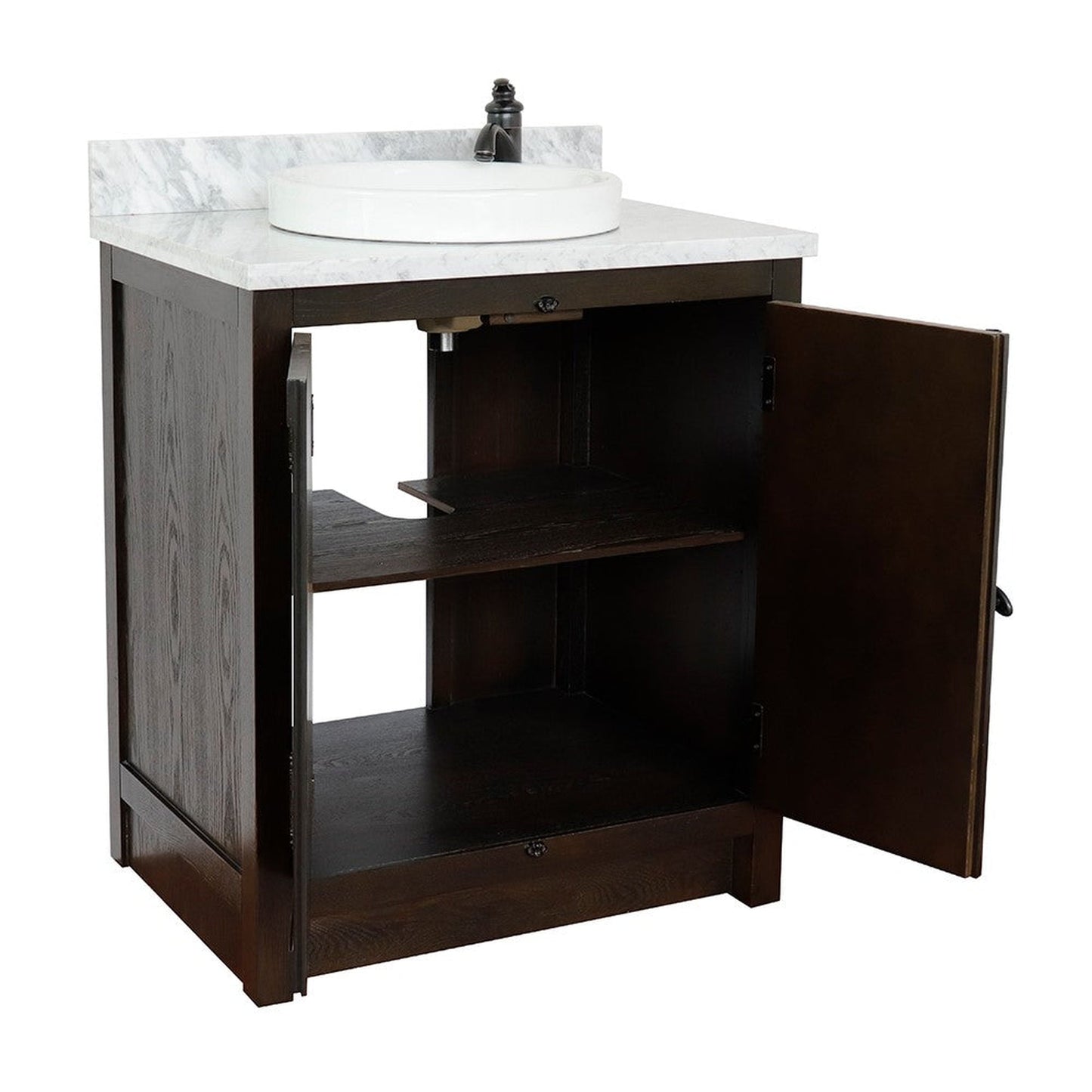 Bellaterra Home Plantation 31" 2-Door Brown Ash Freestanding Vanity Set With Ceramic Vessel Sink and White Carrara Marble Top