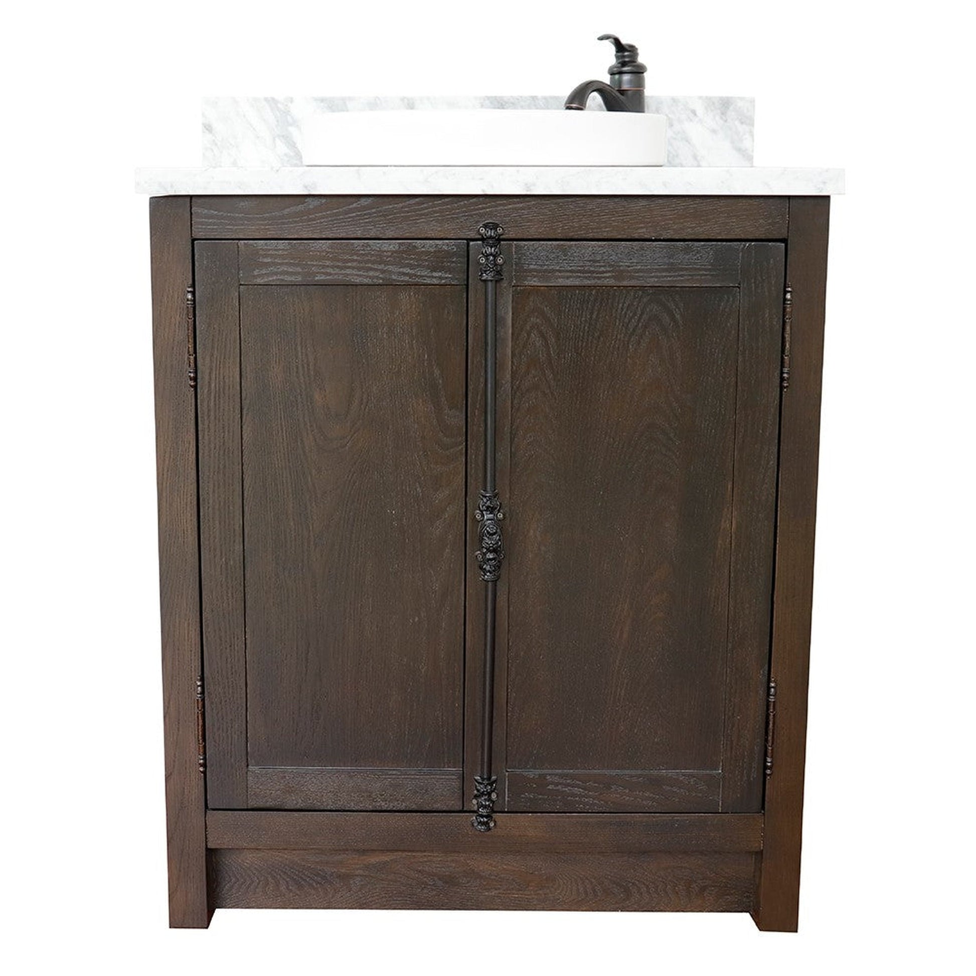 Bellaterra Home Plantation 31" 2-Door Brown Ash Freestanding Vanity Set With Ceramic Vessel Sink and White Carrara Marble Top