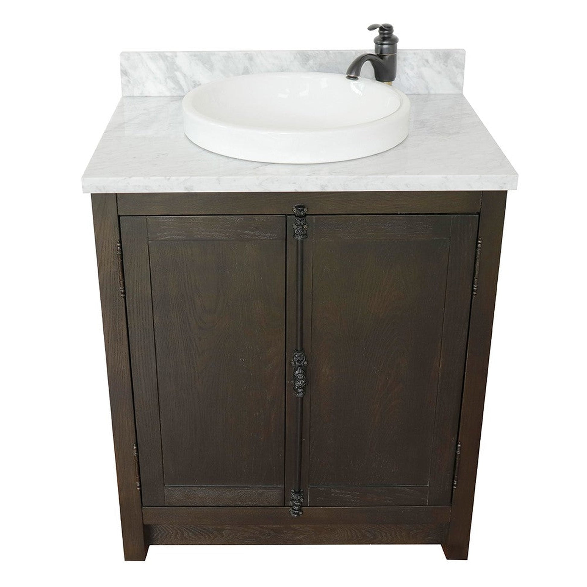 Bellaterra Home Plantation 31" 2-Door Brown Ash Freestanding Vanity Set With Ceramic Vessel Sink and White Carrara Marble Top