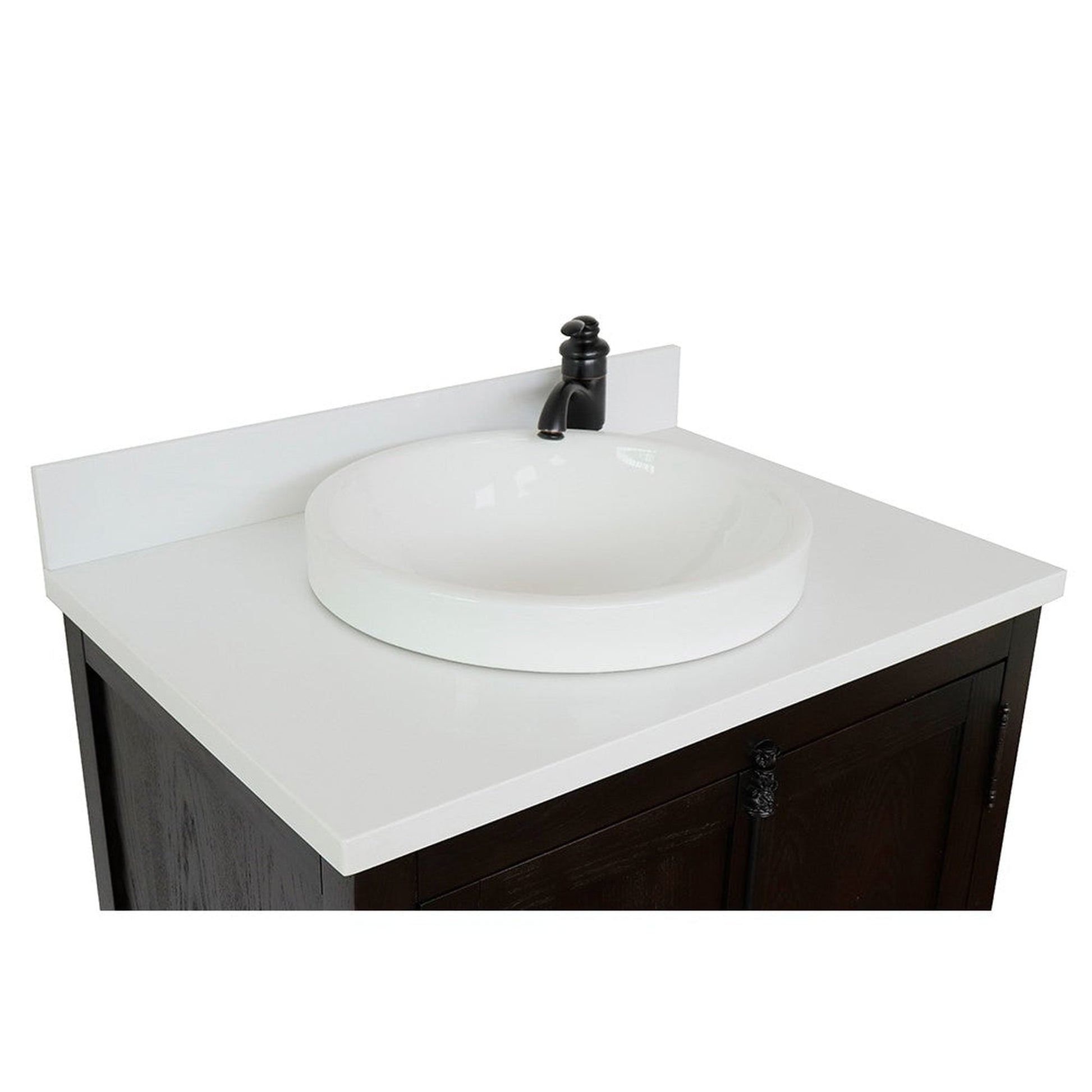 Bellaterra Home Plantation 31" 2-Door Brown Ash Freestanding Vanity Set With Ceramic Vessel Sink and White Quartz Top