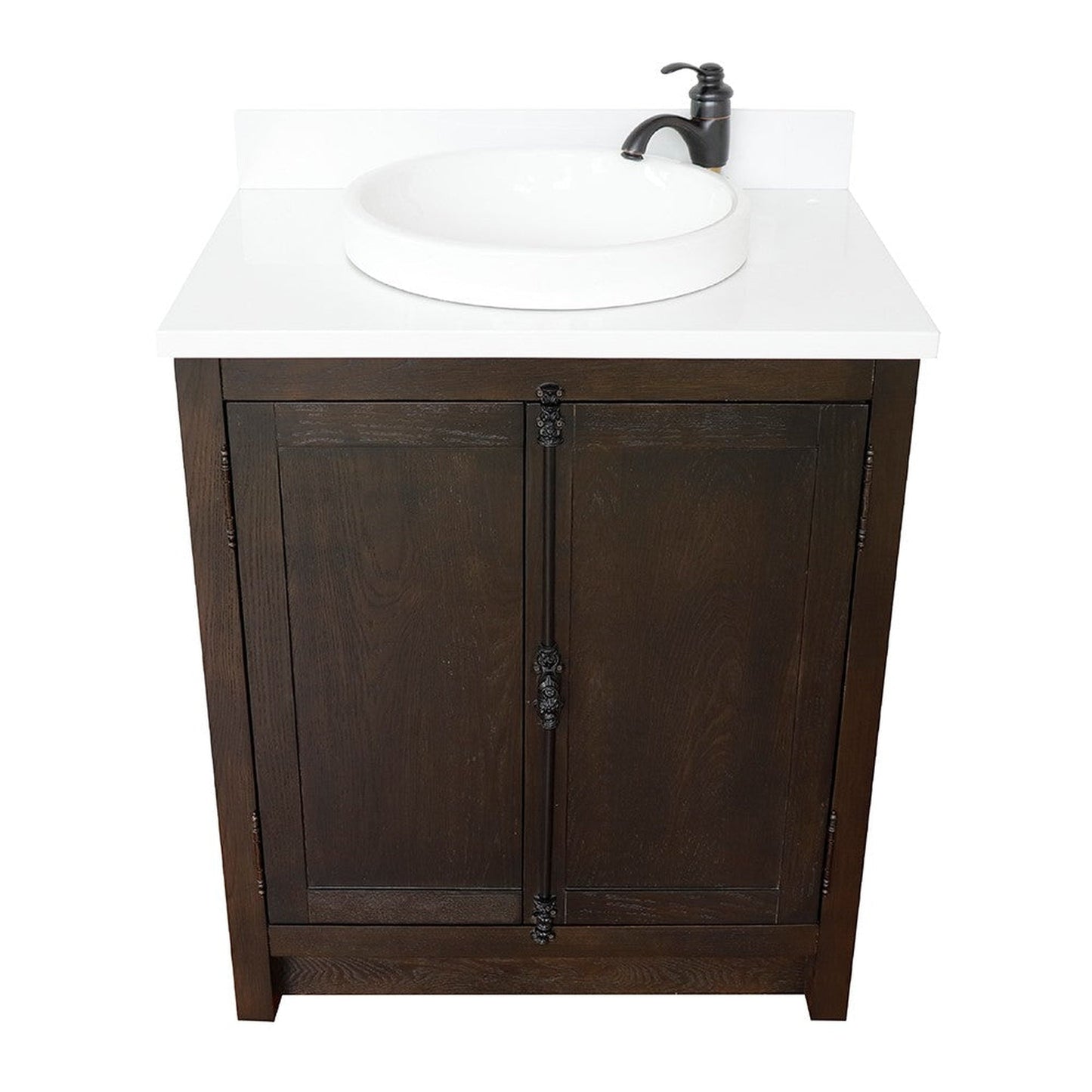 Bellaterra Home Plantation 31" 2-Door Brown Ash Freestanding Vanity Set With Ceramic Vessel Sink and White Quartz Top