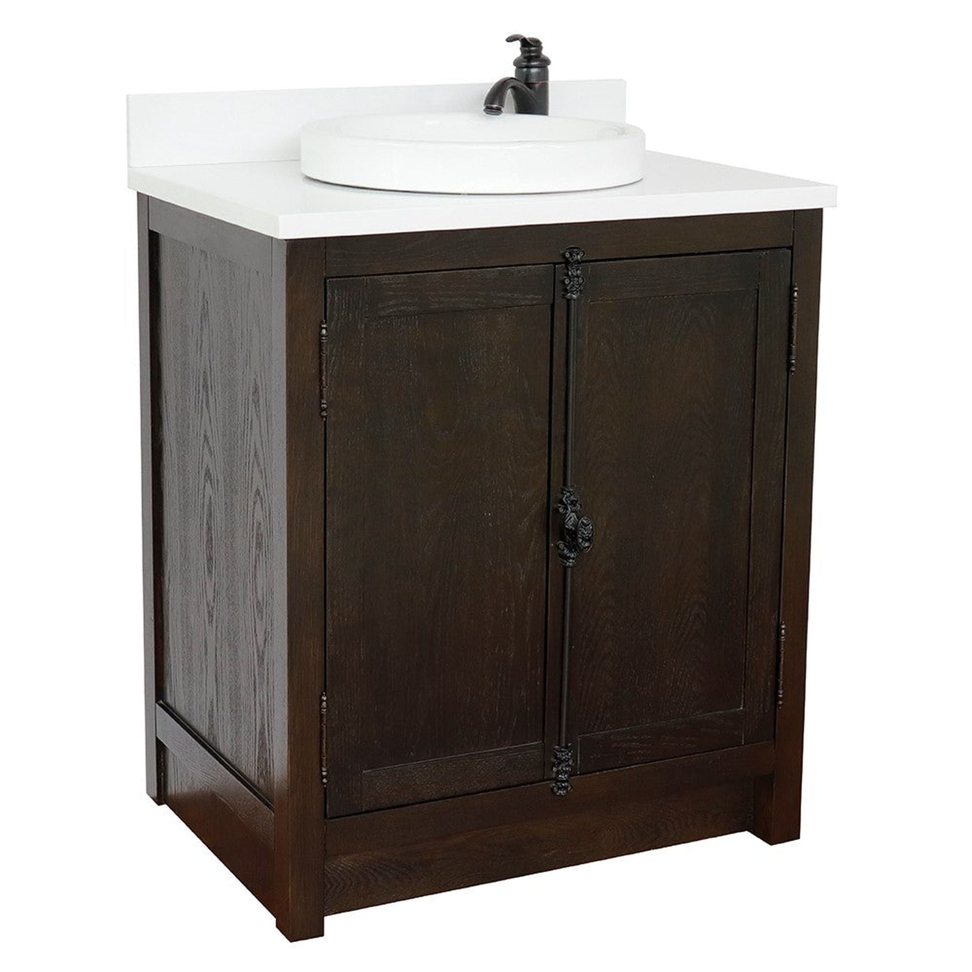 Bellaterra Home Plantation 31" 2-Door Brown Ash Freestanding Vanity Set With Ceramic Vessel Sink and White Quartz Top