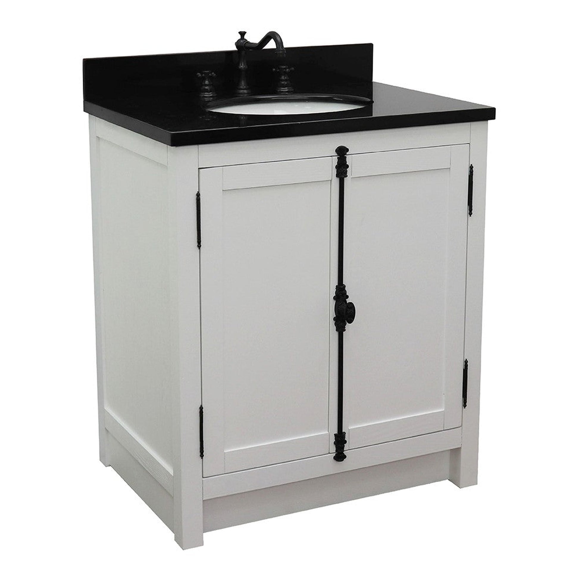 Bellaterra Home Plantation 31" 2-Door Glacier Ash Freestanding Vanity Set With Ceramic Undermount Oval Sink and Black Galaxy Top