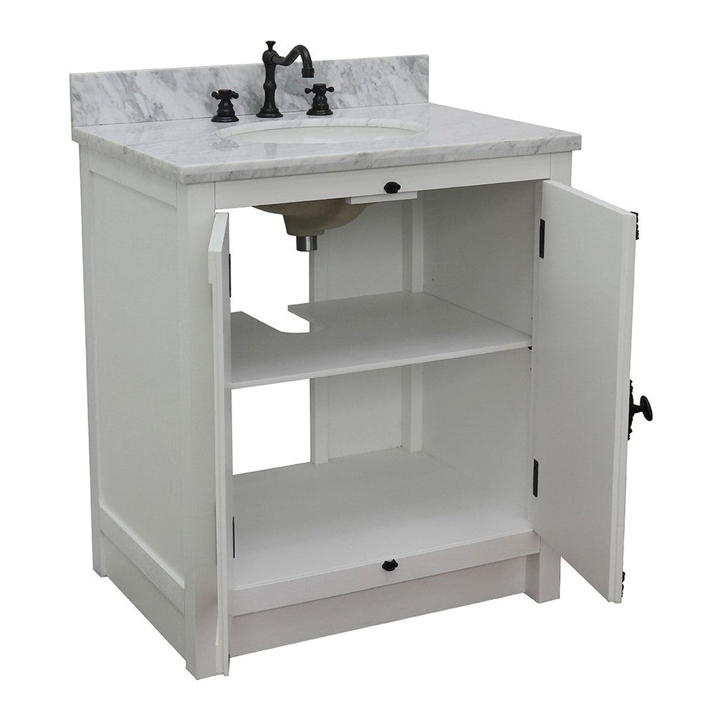 Bellaterra Home Plantation 31" 2-Door Glacier Ash Freestanding Vanity Set With Ceramic Undermount Oval Sink and White Carrara Marble Top