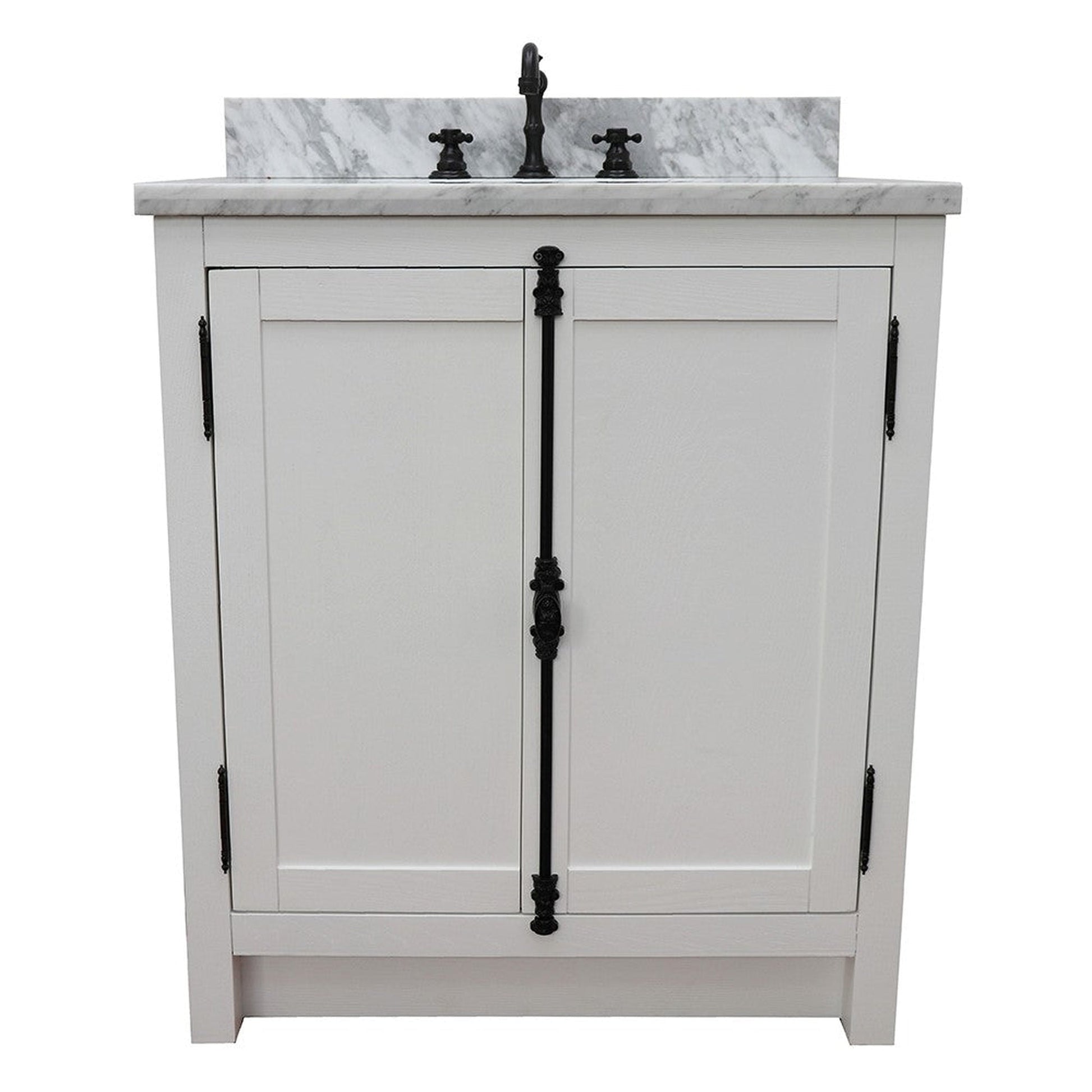 Bellaterra Home Plantation 31" 2-Door Glacier Ash Freestanding Vanity Set With Ceramic Undermount Oval Sink and White Carrara Marble Top