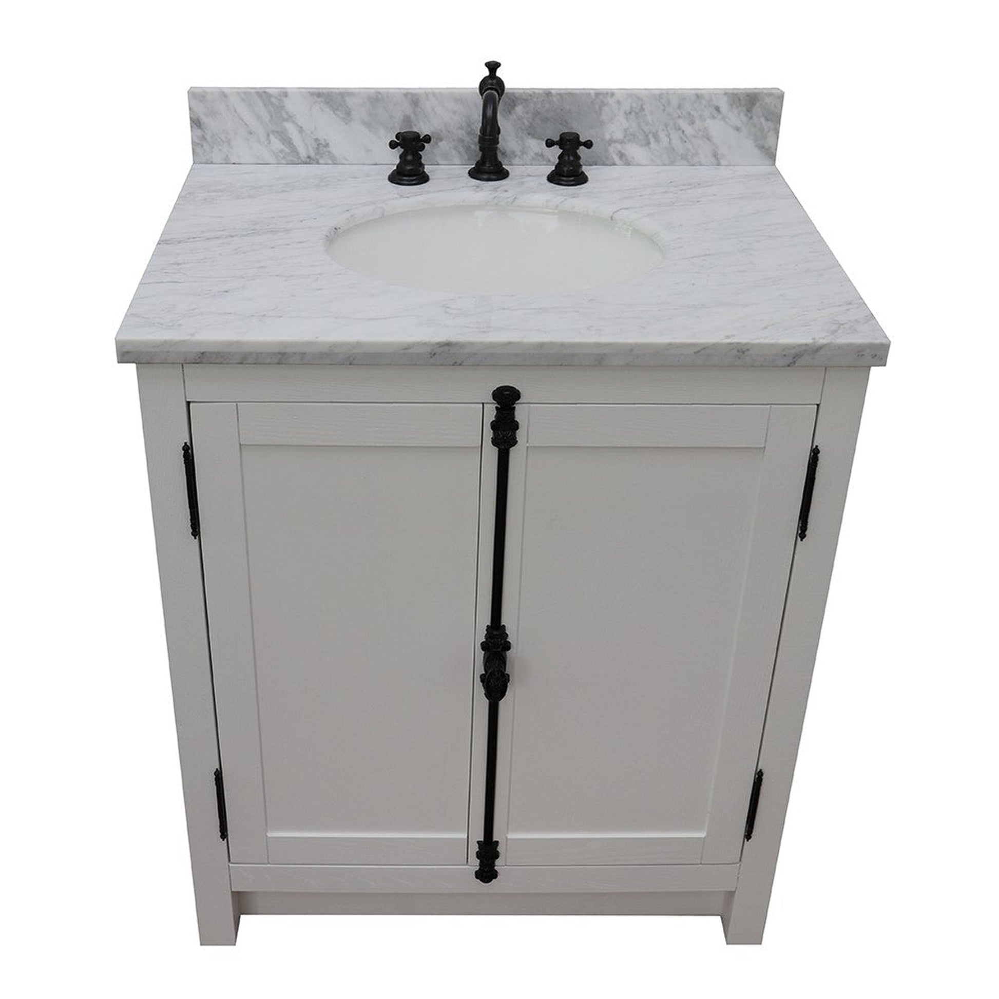 Bellaterra Home Plantation 31" 2-Door Glacier Ash Freestanding Vanity Set With Ceramic Undermount Oval Sink and White Carrara Marble Top