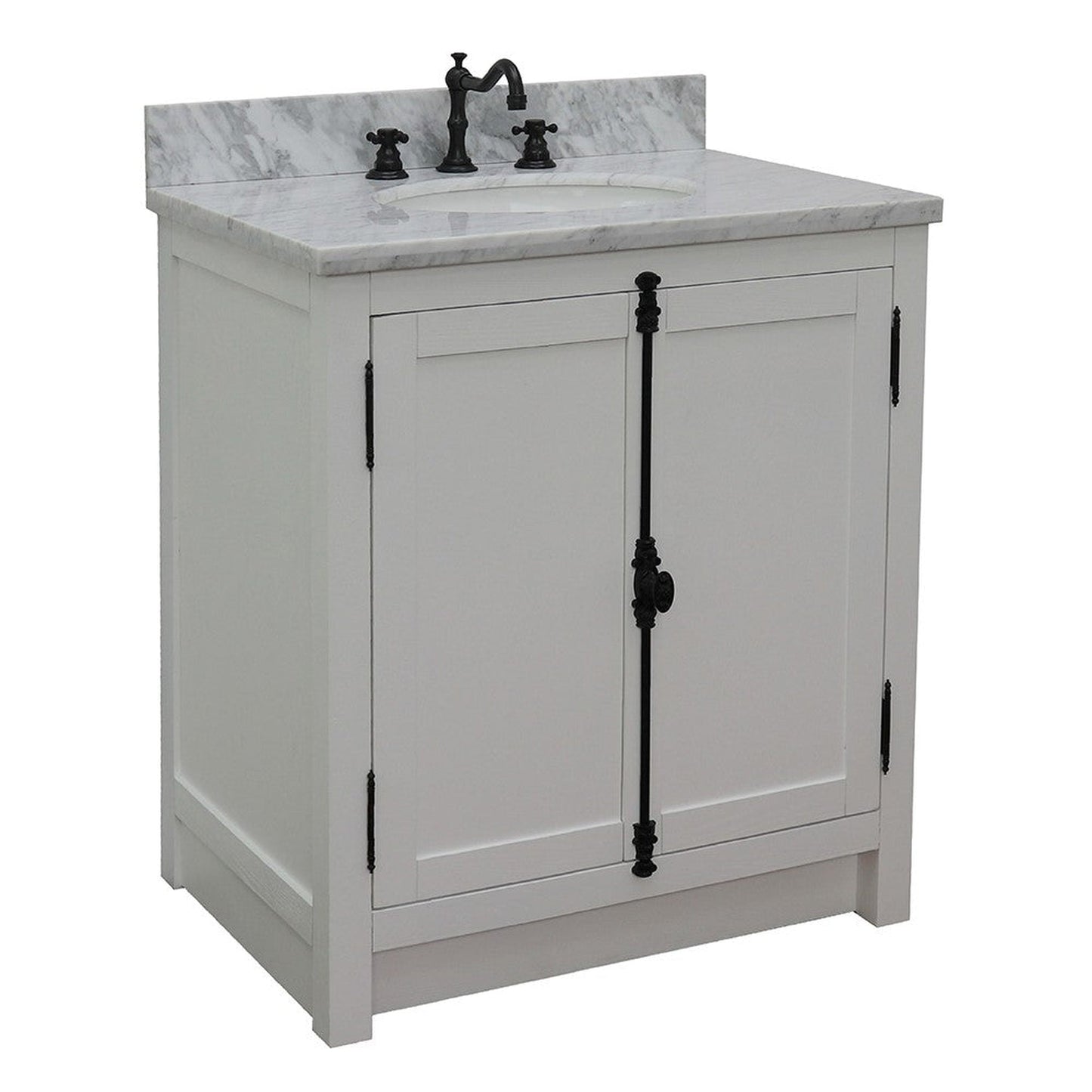 Bellaterra Home Plantation 31" 2-Door Glacier Ash Freestanding Vanity Set With Ceramic Undermount Oval Sink and White Carrara Marble Top