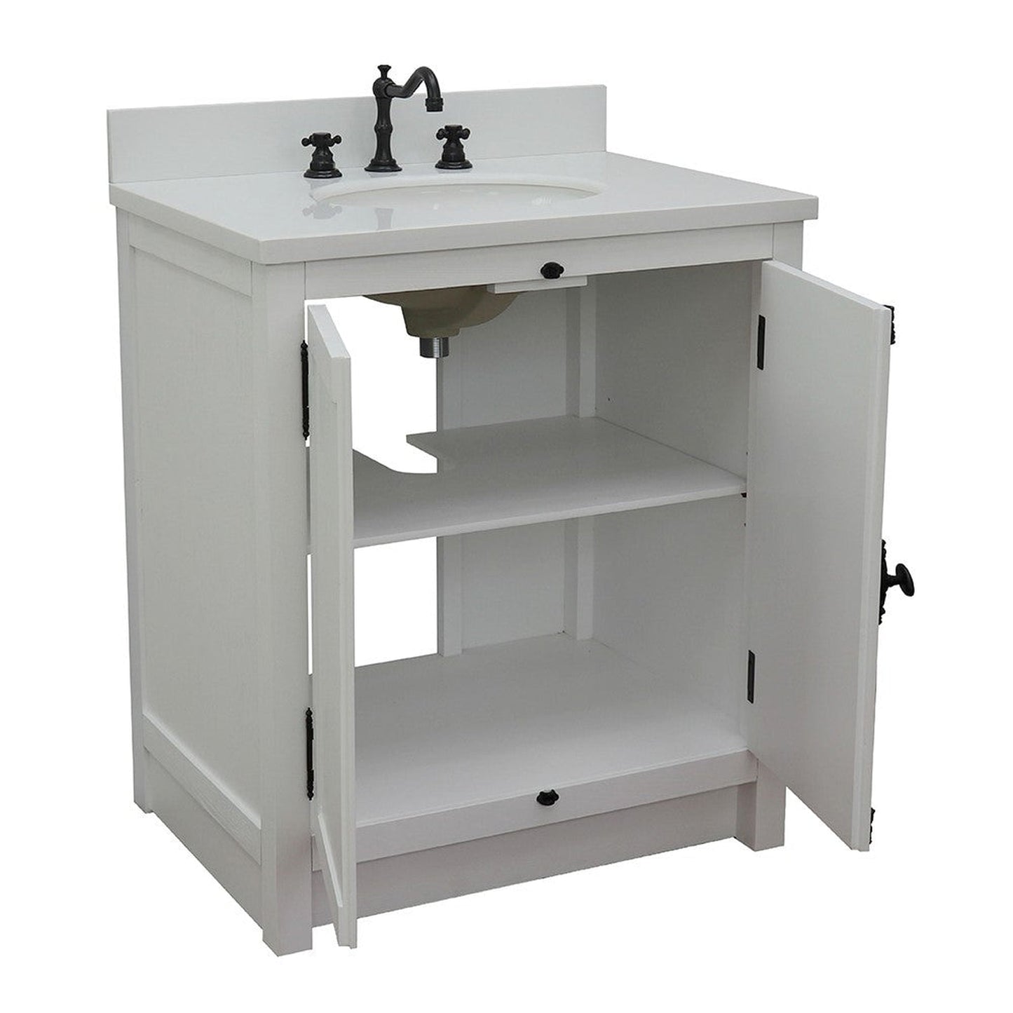 Bellaterra Home Plantation 31" 2-Door Glacier Ash Freestanding Vanity Set With Ceramic Undermount Oval Sink and White Quartz Top