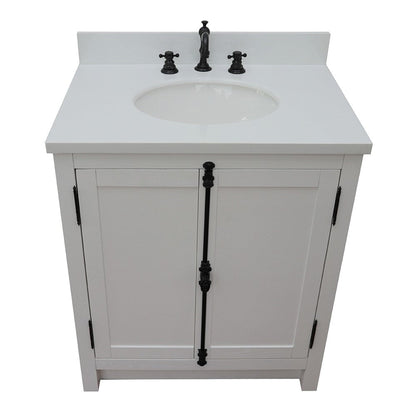 Bellaterra Home Plantation 31" 2-Door Glacier Ash Freestanding Vanity Set With Ceramic Undermount Oval Sink and White Quartz Top