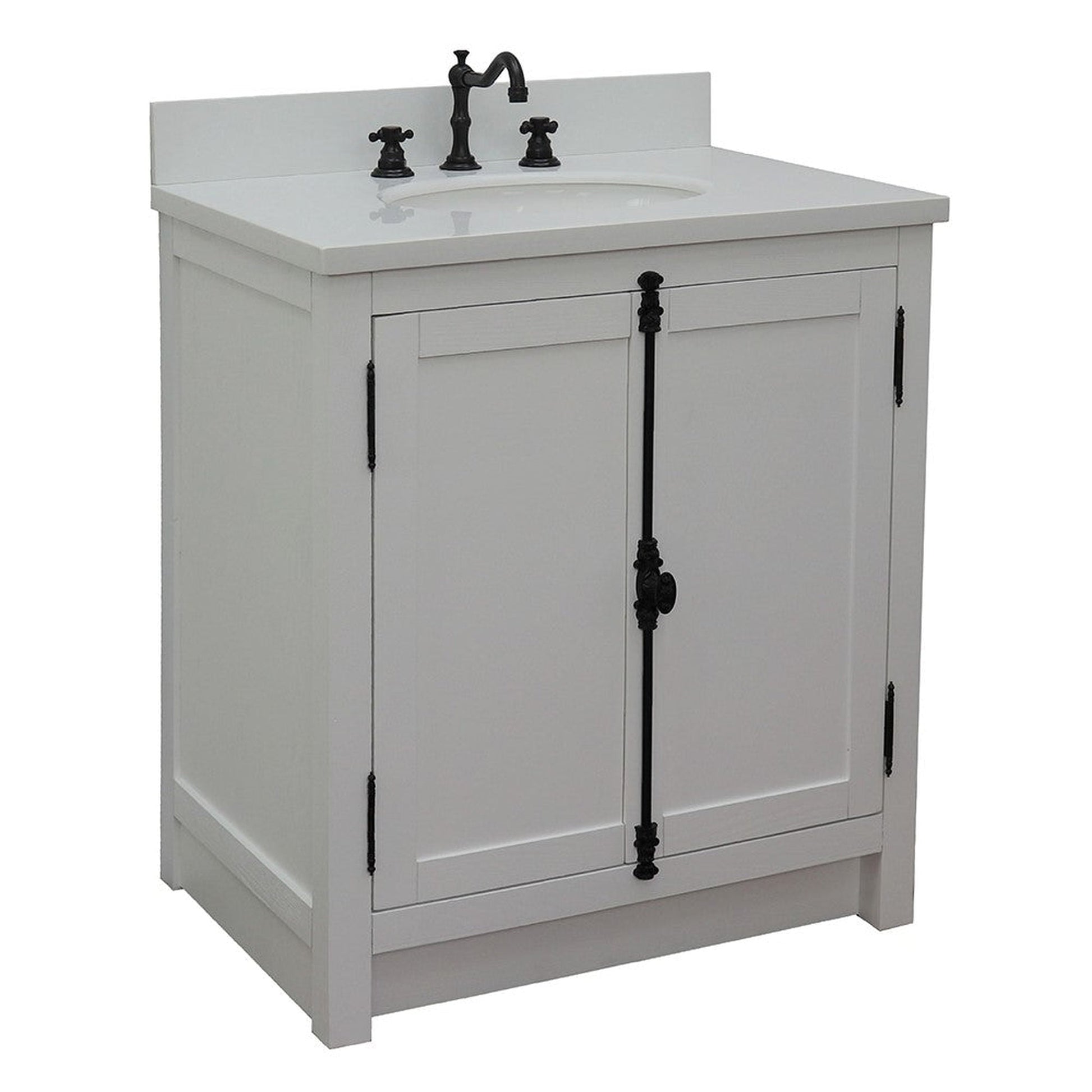 Bellaterra Home Plantation 31" 2-Door Glacier Ash Freestanding Vanity Set With Ceramic Undermount Oval Sink and White Quartz Top