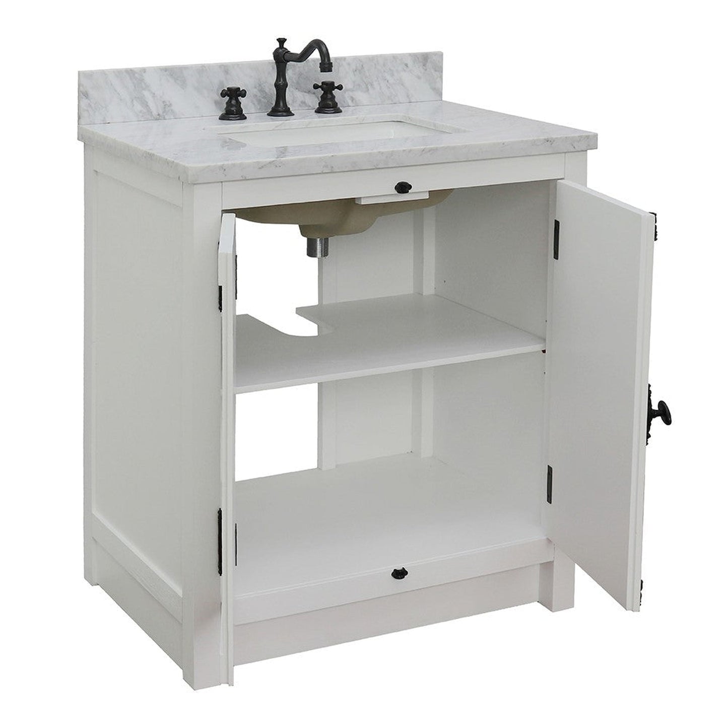 Bellaterra Home Plantation 31" 2-Door Glacier Ash Freestanding Vanity Set With Ceramic Undermount Rectangular Sink and White Carrara Marble Top