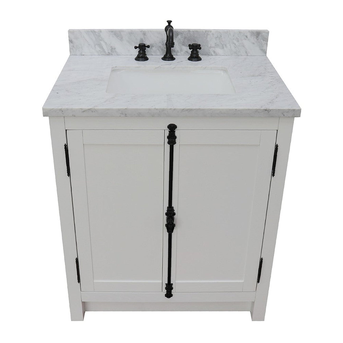 Bellaterra Home Plantation 31" 2-Door Glacier Ash Freestanding Vanity Set With Ceramic Undermount Rectangular Sink and White Carrara Marble Top