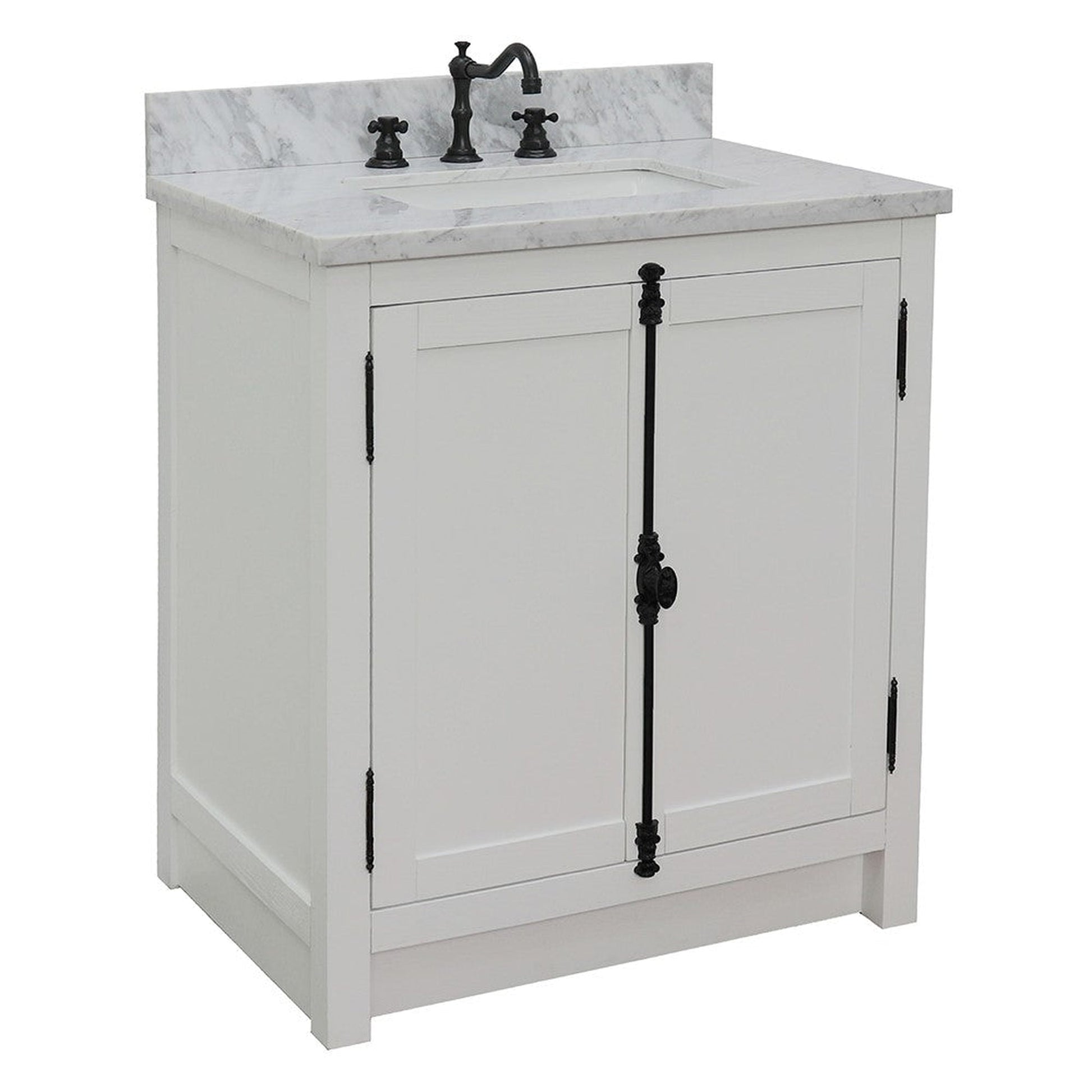 Bellaterra Home Plantation 31" 2-Door Glacier Ash Freestanding Vanity Set With Ceramic Undermount Rectangular Sink and White Carrara Marble Top