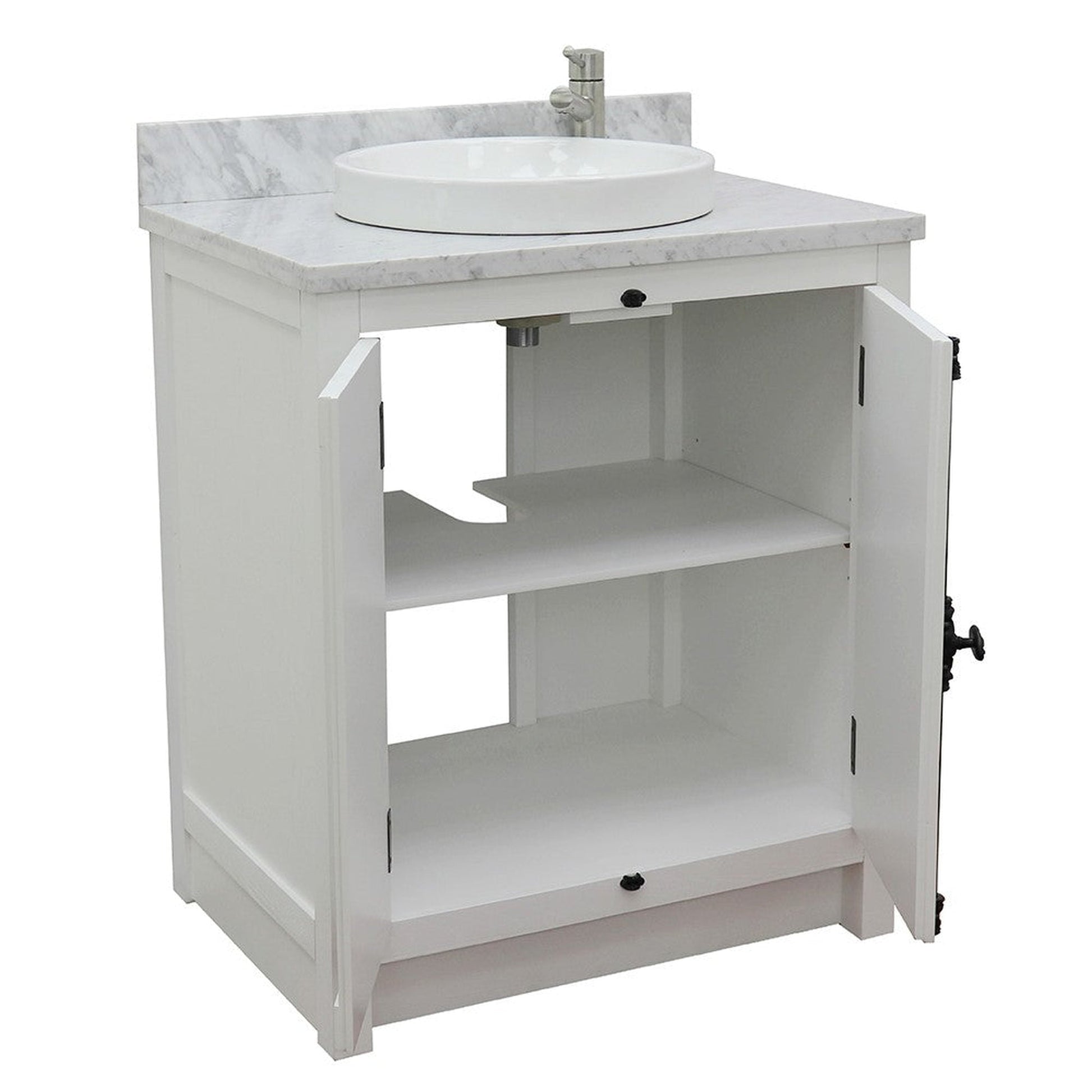 Bellaterra Home Plantation 31" 2-Door Glacier Ash Freestanding Vanity Set With Ceramic Vessel Sink and White Carrara Marble Top