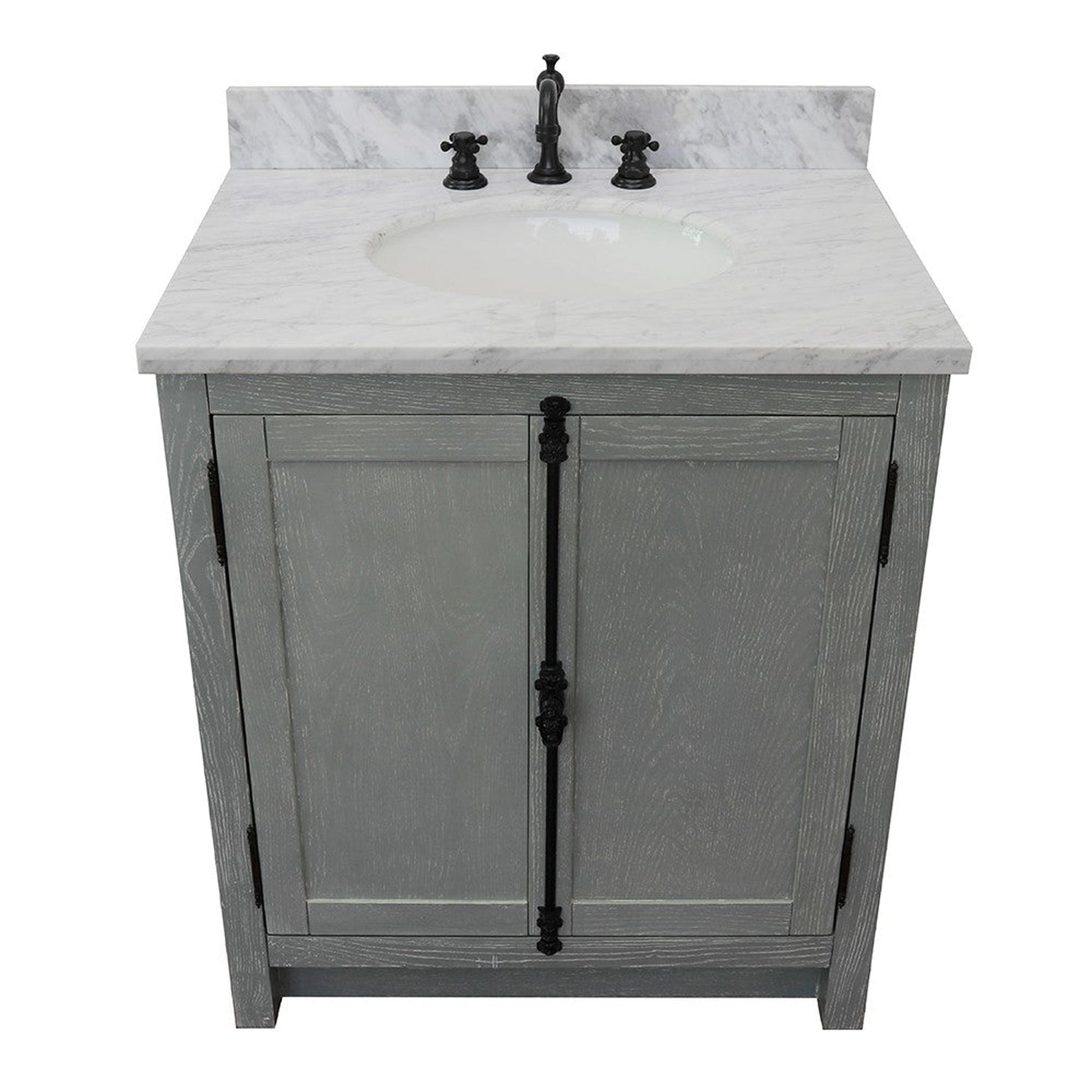 Bellaterra Home Plantation 31" 2-Door Gray Ash Freestanding Vanity Set With Ceramic Undermount Oval Sink and White Carrara Marble Top