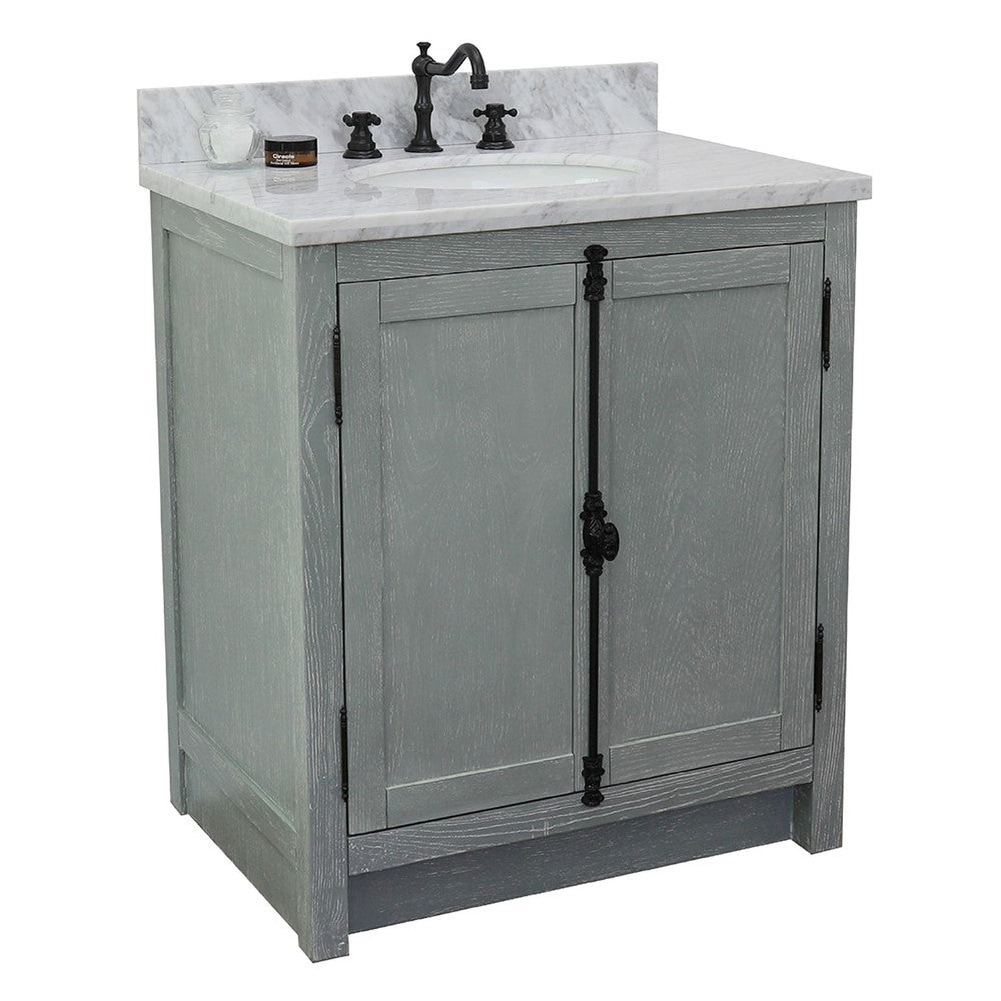 Bellaterra Home Plantation 31" 2-Door Gray Ash Freestanding Vanity Set With Ceramic Undermount Oval Sink and White Carrara Marble Top