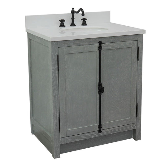 Bellaterra Home Plantation 31" 2-Door Gray Ash Freestanding Vanity Set With Ceramic Undermount Oval Sink and White Quartz Top