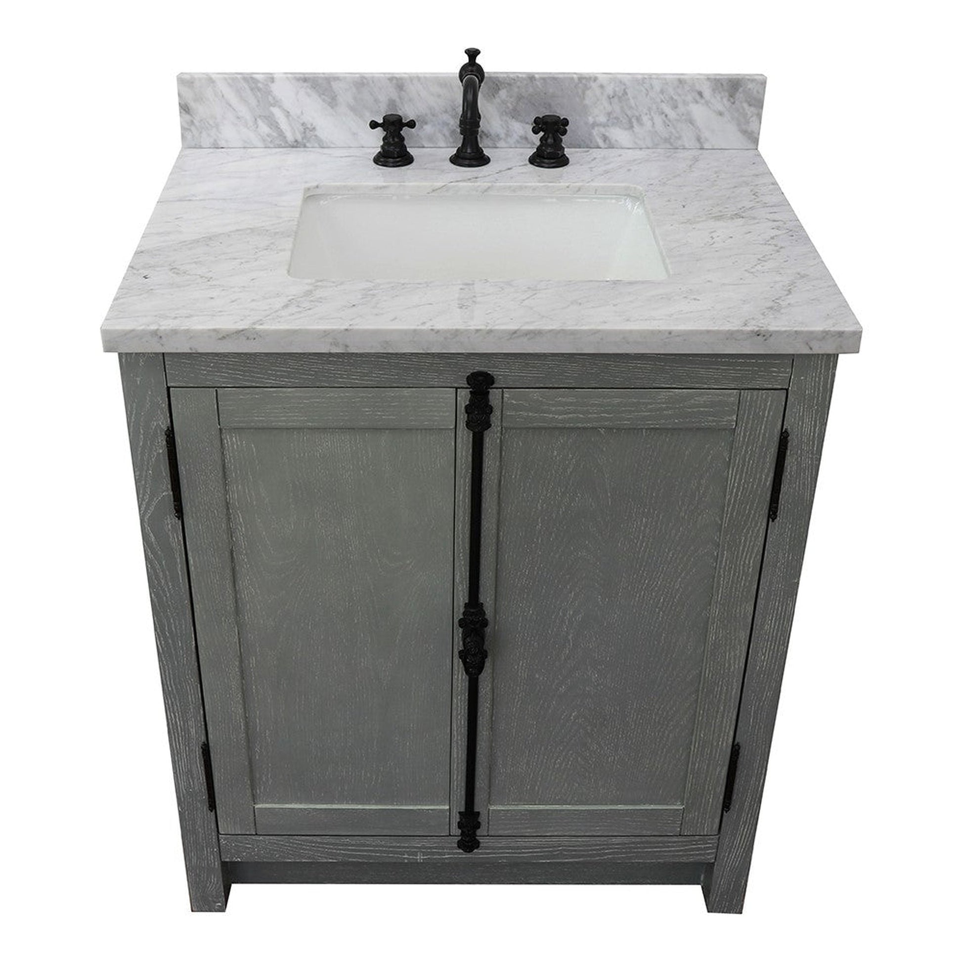 Bellaterra Home Plantation 31" 2-Door Gray Ash Freestanding Vanity Set With Ceramic Undermount Rectangular Sink and White Carrara Marble Top