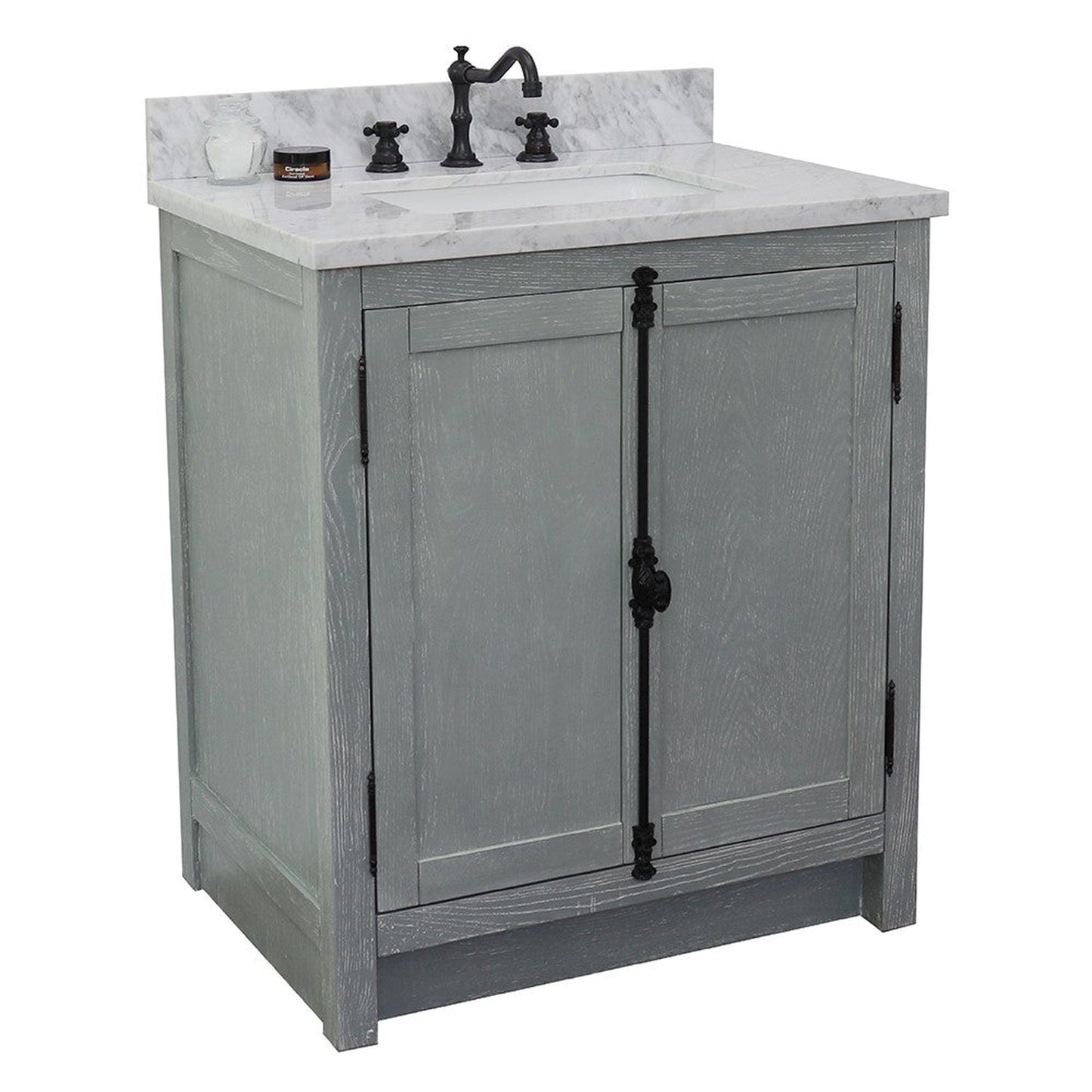 Bellaterra Home Plantation 31" 2-Door Gray Ash Freestanding Vanity Set With Ceramic Undermount Rectangular Sink and White Carrara Marble Top