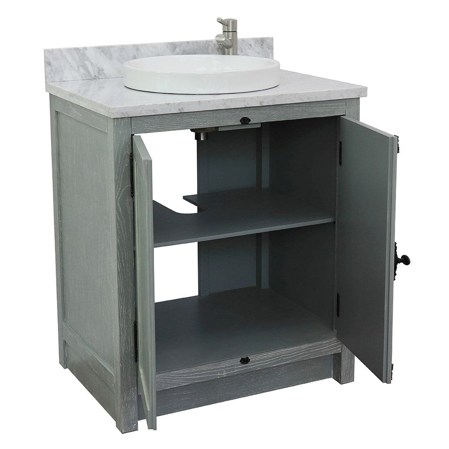 Bellaterra Home Plantation 31" 2-Door Gray Ash Freestanding Vanity Set With Ceramic Vessel Sink and White Carrara Marble Top