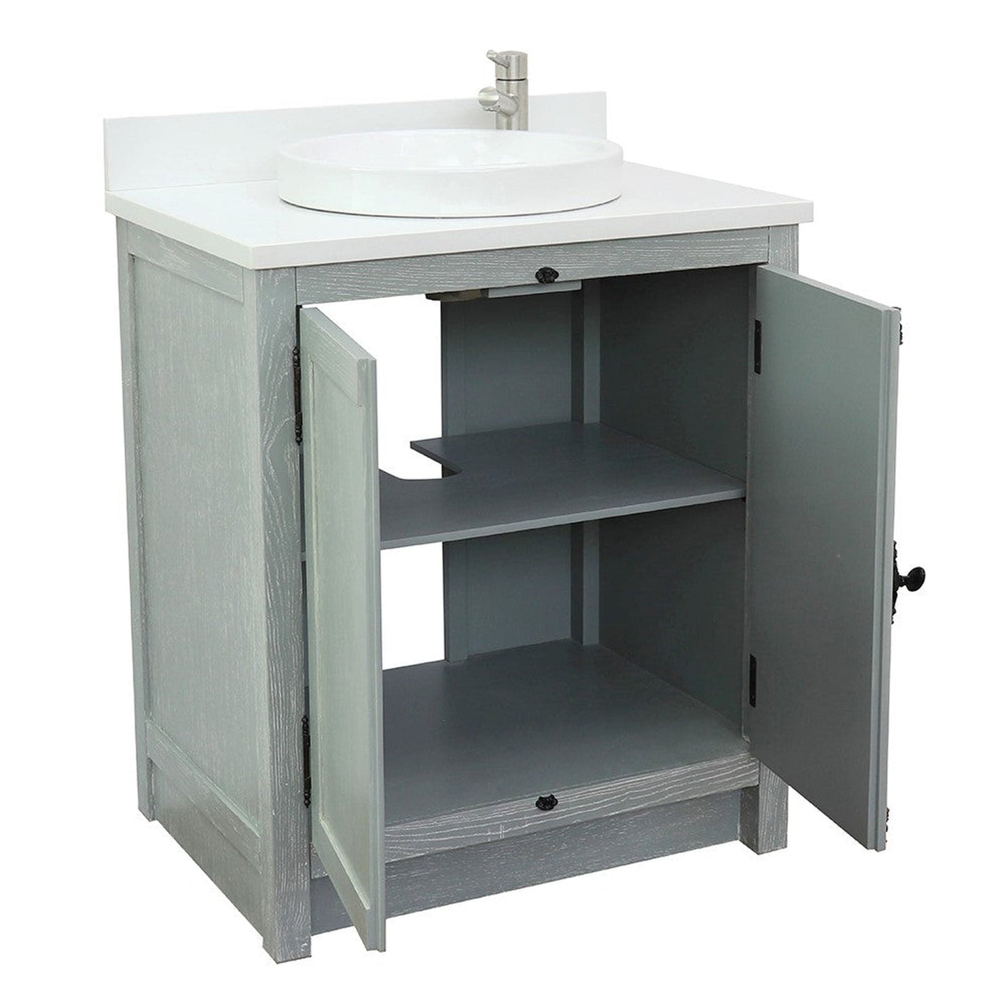 Bellaterra Home Plantation 31" 2-Door Gray Ash Freestanding Vanity Set With Ceramic Vessel Sink and White Quartz Top