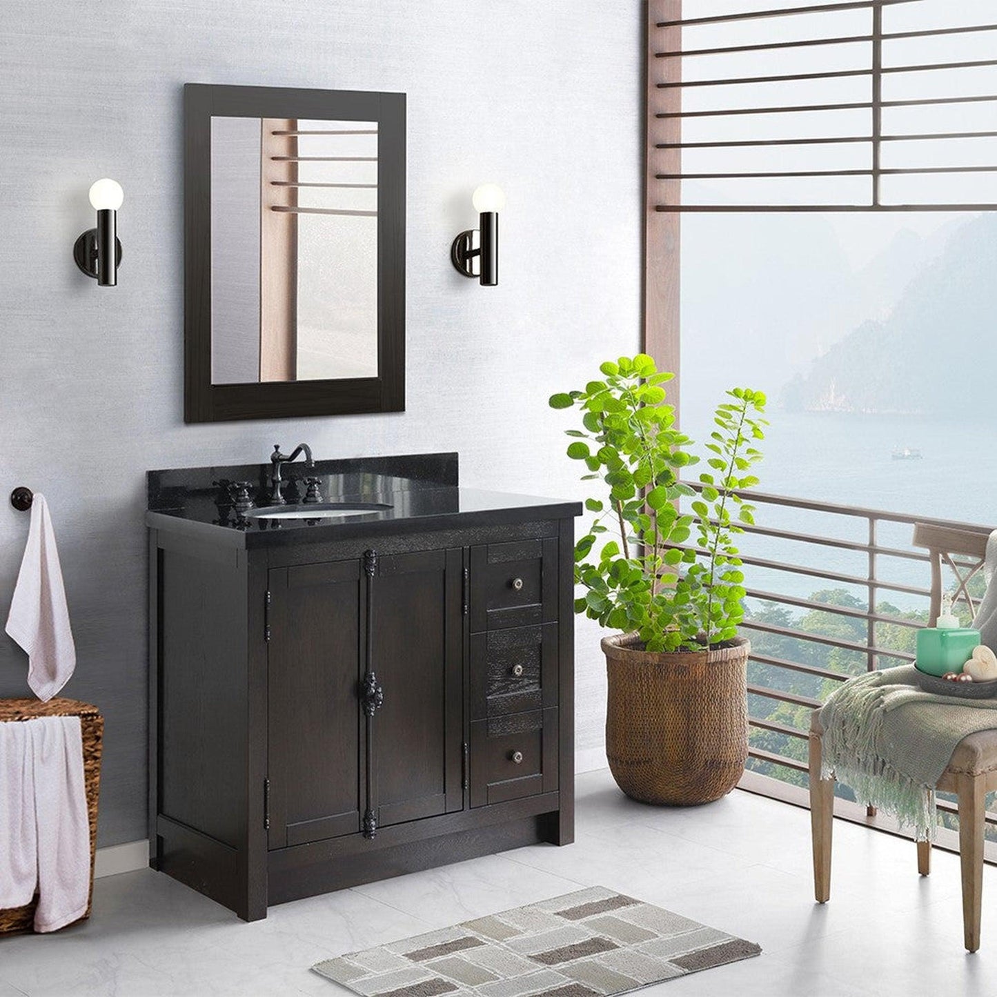 Bellaterra Home Plantation 37" 2-Door 3-Drawer Brown Ash Freestanding Vanity Set With Ceramic Left Offset Undermount Oval Sink and Black Galaxy Top