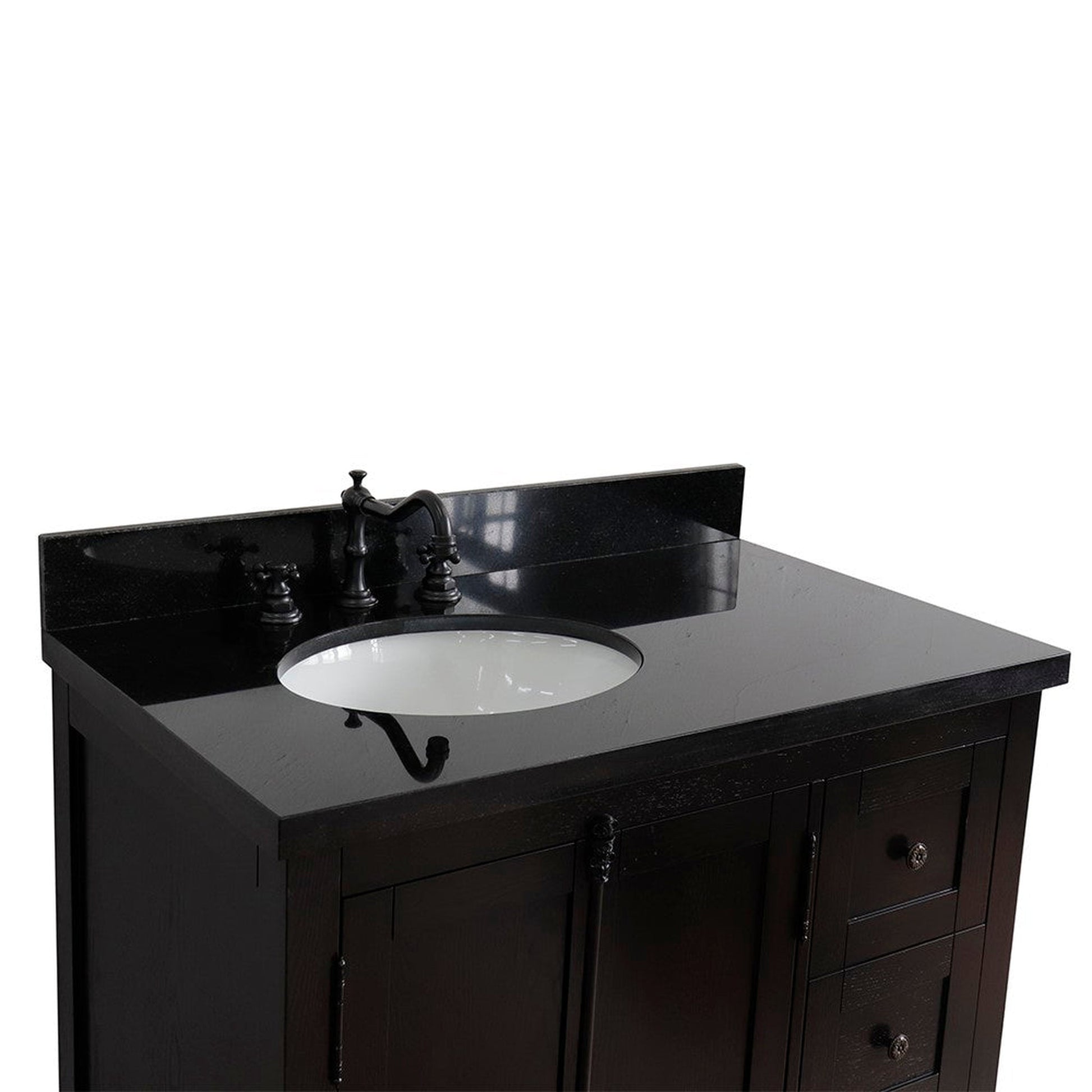 Bellaterra Home Plantation 37" 2-Door 3-Drawer Brown Ash Freestanding Vanity Set With Ceramic Left Offset Undermount Oval Sink and Black Galaxy Top