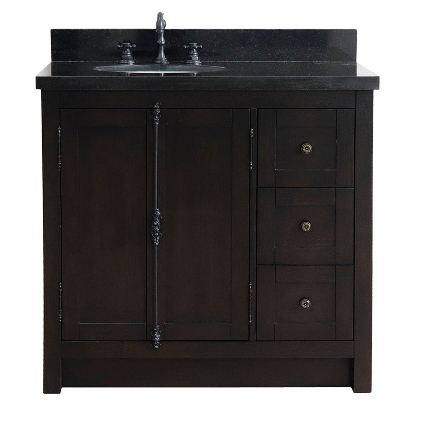 Bellaterra Home Plantation 37" 2-Door 3-Drawer Brown Ash Freestanding Vanity Set With Ceramic Left Offset Undermount Oval Sink and Black Galaxy Top