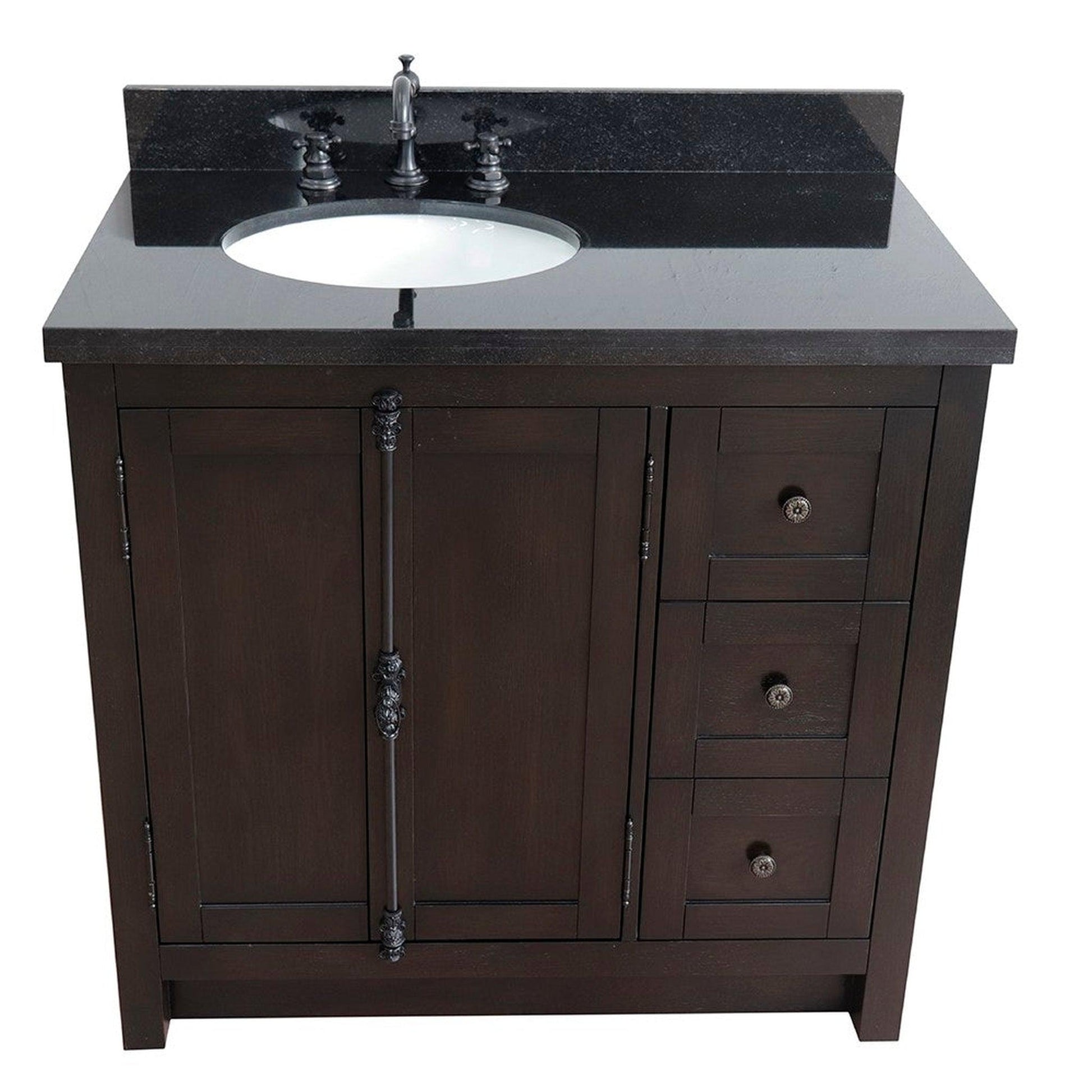 Bellaterra Home Plantation 37" 2-Door 3-Drawer Brown Ash Freestanding Vanity Set With Ceramic Left Offset Undermount Oval Sink and Black Galaxy Top