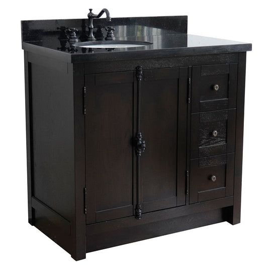 Bellaterra Home Plantation 37" 2-Door 3-Drawer Brown Ash Freestanding Vanity Set With Ceramic Left Offset Undermount Oval Sink and Black Galaxy Top