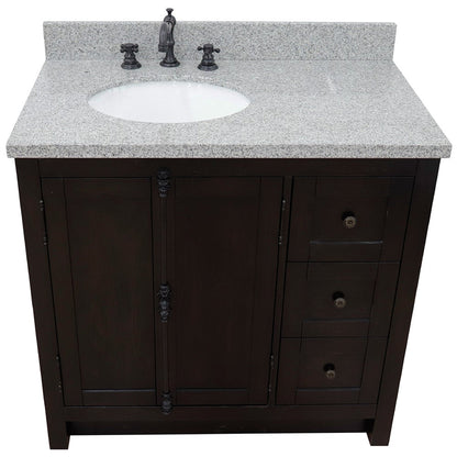 Bellaterra Home Plantation 37" 2-Door 3-Drawer Brown Ash Freestanding Vanity Set With Ceramic Left Offset Undermount Oval Sink and Gray Granite Top