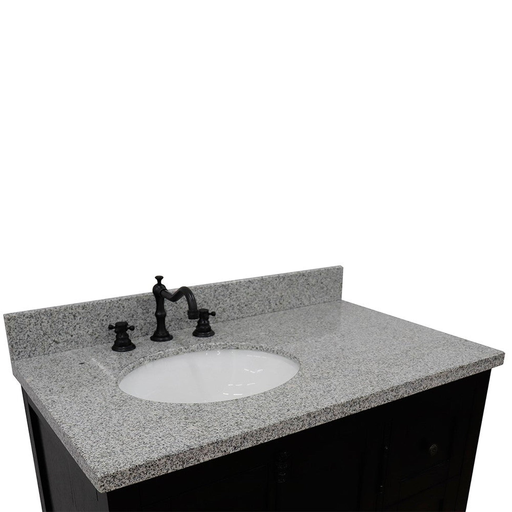 Bellaterra Home Plantation 37" 2-Door 3-Drawer Brown Ash Freestanding Vanity Set With Ceramic Left Offset Undermount Oval Sink and Gray Granite Top