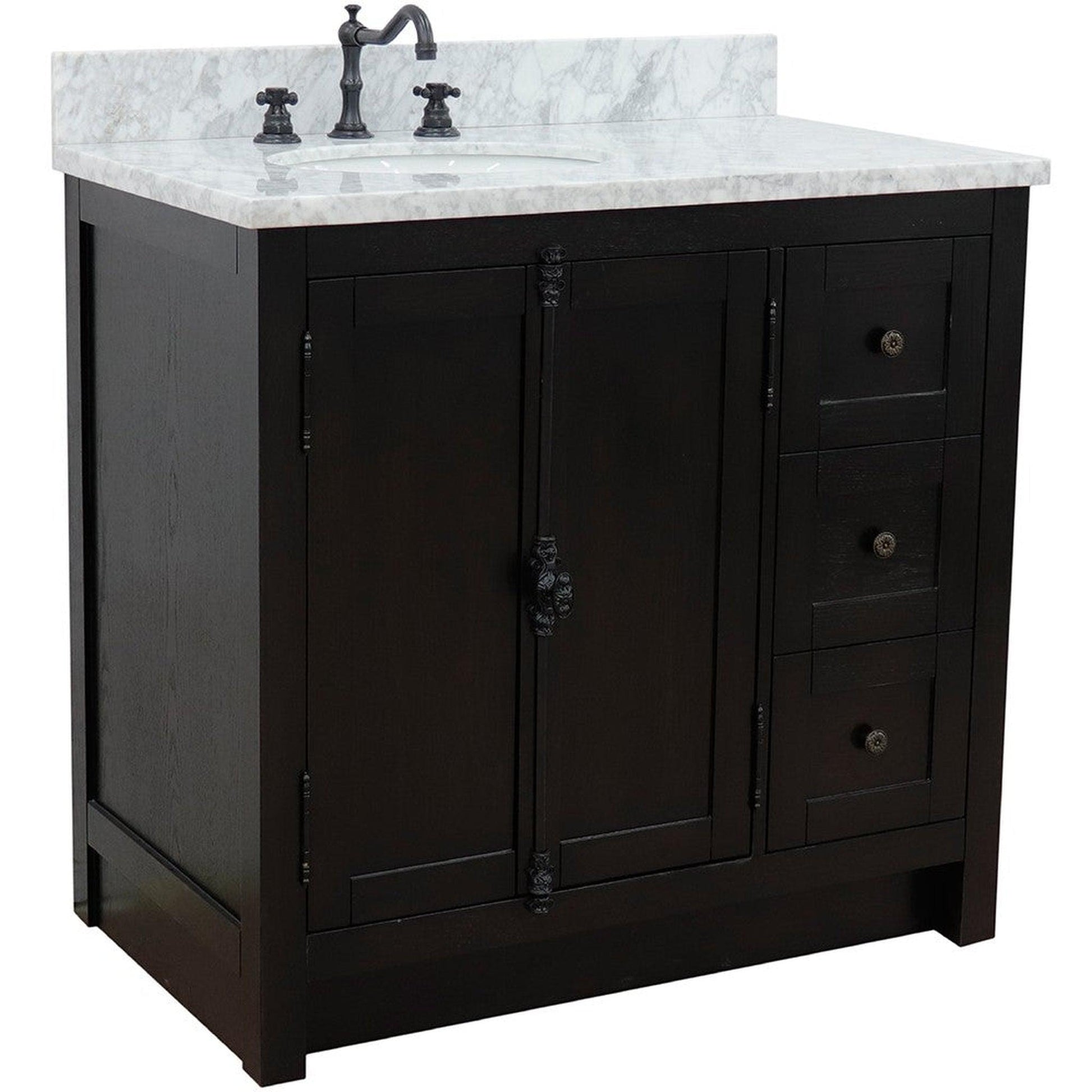 Bellaterra Home Plantation 37" 2-Door 3-Drawer Brown Ash Freestanding Vanity Set With Ceramic Left Offset Undermount Oval Sink and White Carrara Marble Top