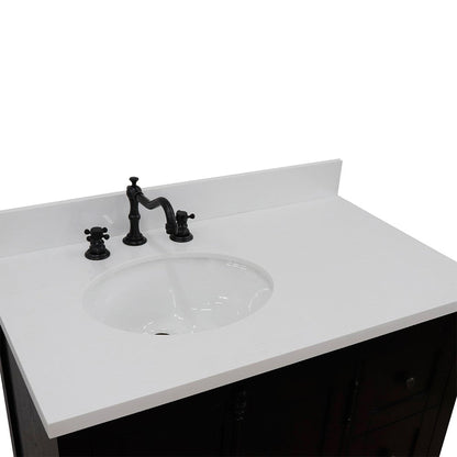 Bellaterra Home Plantation 37" 2-Door 3-Drawer Brown Ash Freestanding Vanity Set With Ceramic Left Offset Undermount Oval Sink and White Quartz Top